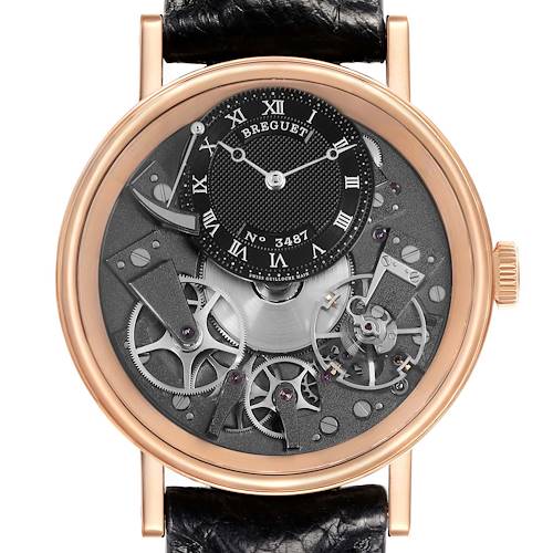 The Breguet Tradition 7057BR/G9/9W6 Men's Rose Gold Silver Dial model watch is shown from the front, highlighting its intricate mechanical gears and rose gold casing.