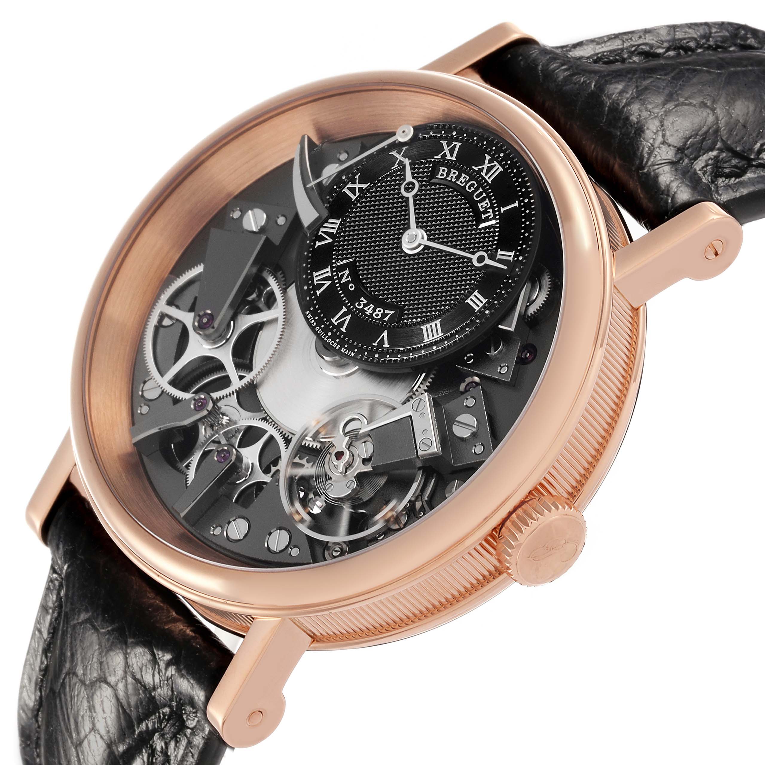 The Breguet Tradition 7057BR/G9/9W6 Men's Rose Gold Silver Dial 7057BR/G9/9W6 Men's Rose Gold Silver Dial watch is shown from a side angle, highlighting the dial, gears, and case details.