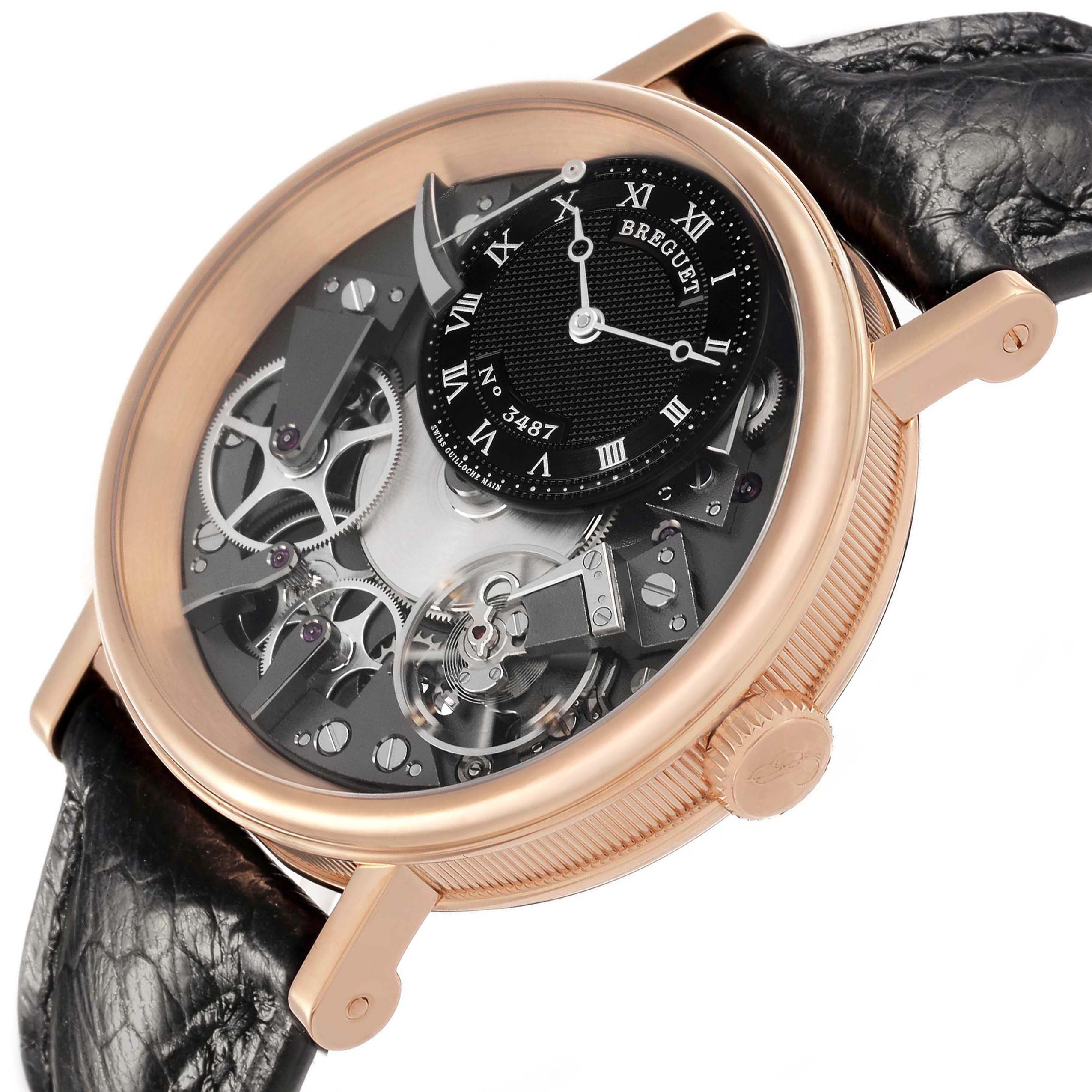 The Breguet Tradition 7057BR/G9/9W6 Men's Rose Gold Silver Dial watch is shown at an oblique angle highlighting its open-worked dial, case, crown, and lugs.