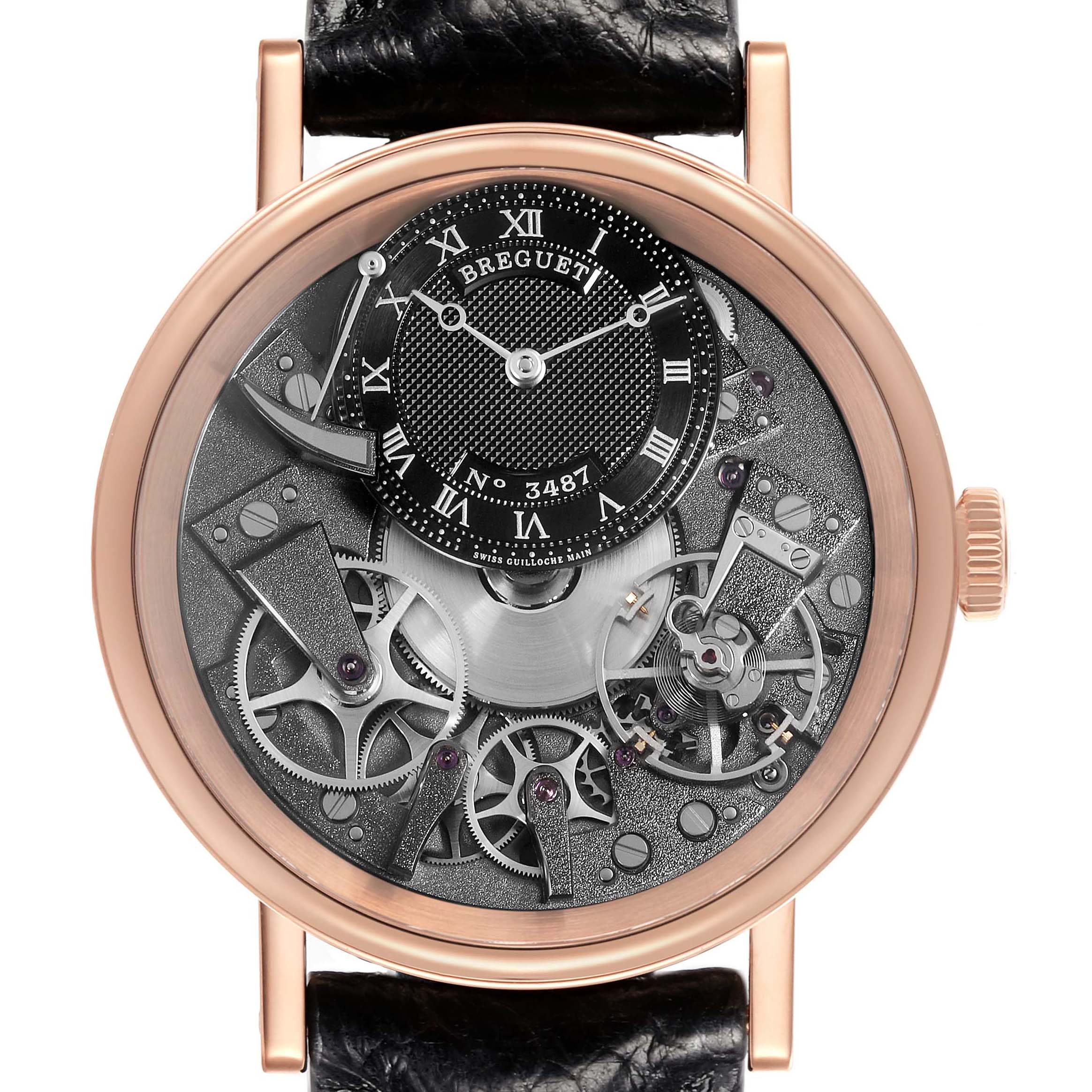 The Breguet Tradition 7057BR/G9/9W6 Men's Rose Gold Silver Dial watch is shown from the front, highlighting its intricate movement and visible gears below the main dial.