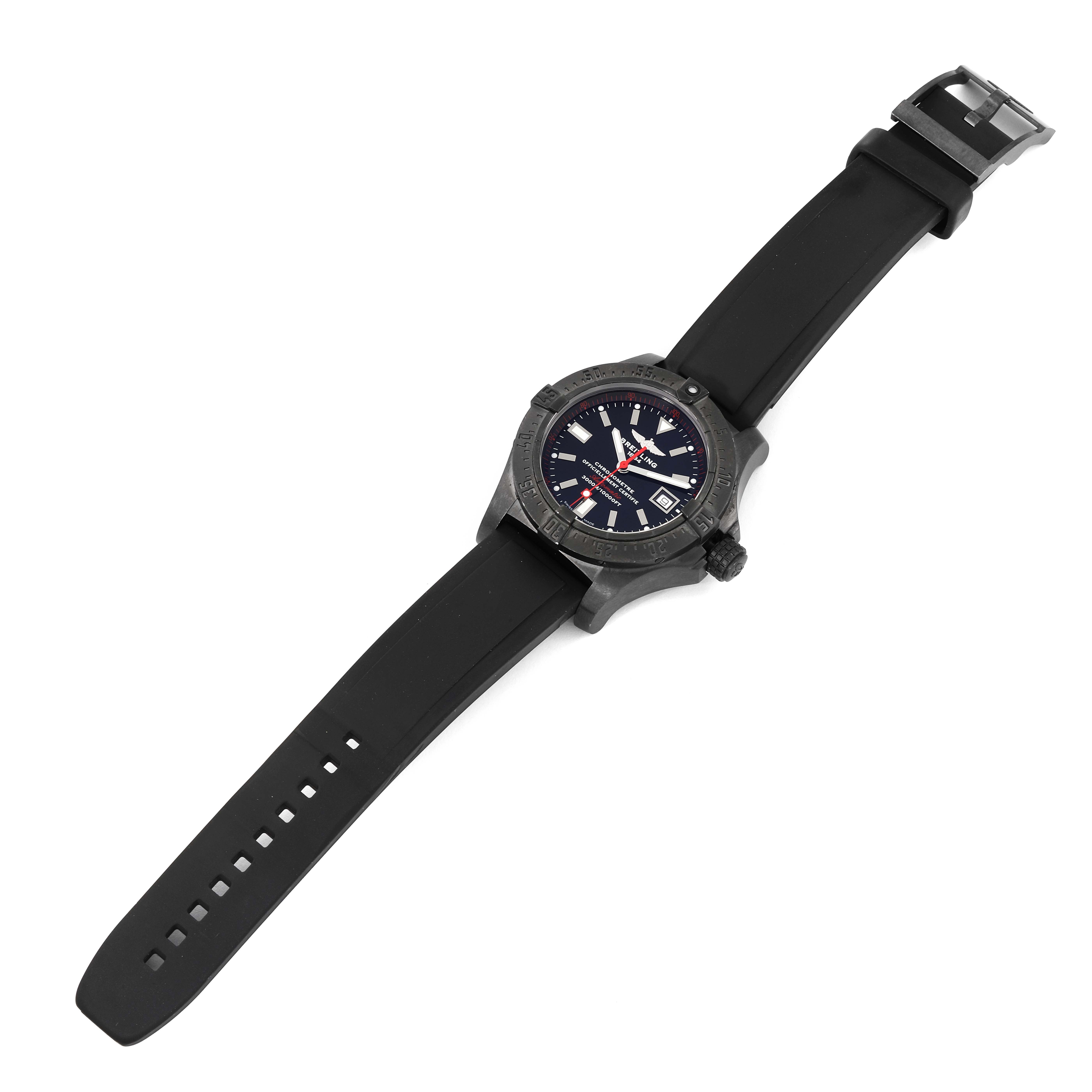 The Breitling Avenger M17330 Men's Stainless Steel Black Dial M17330 Men's Stainless Steel Black Dial watch is shown from an angled top view, featuring its face, strap, and buckle.