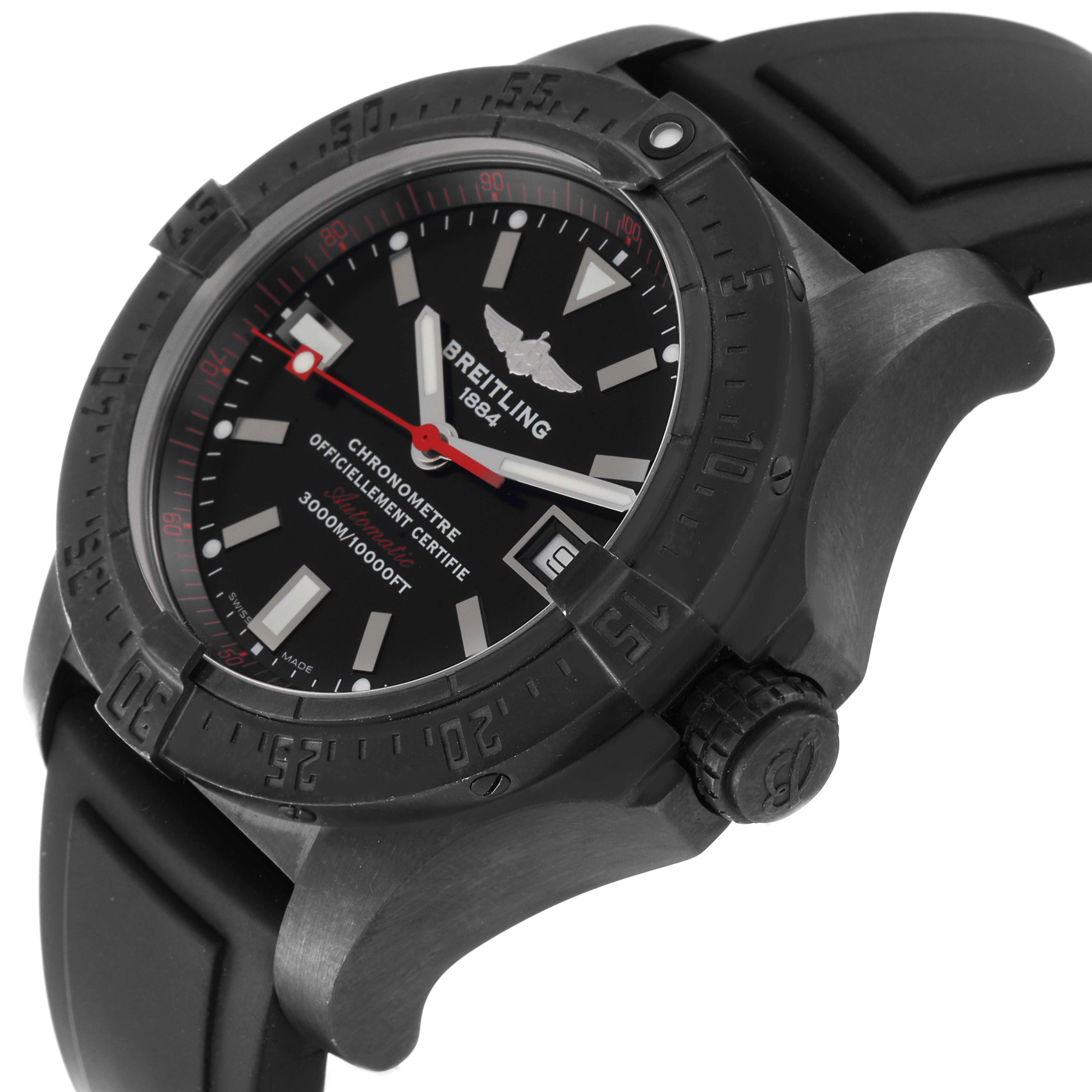 The image shows a Breitling Avenger M17330 Men's Stainless Steel Black Dial M17330 Men's Stainless Steel Black Dial watch at a tilted angle, highlighting the face, bezel, and part of the rubber strap.