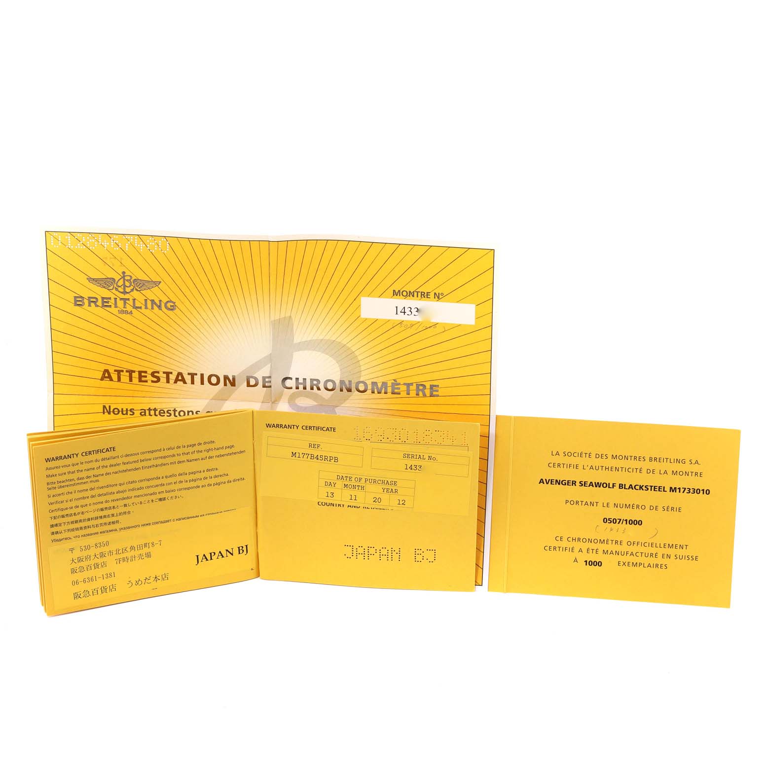 This image shows the warranty certificate and chronometer certification for the Breitling Avenger M17330 Men's Stainless Steel Black Dial M17330 Men's Stainless Steel Black Dial model watch.