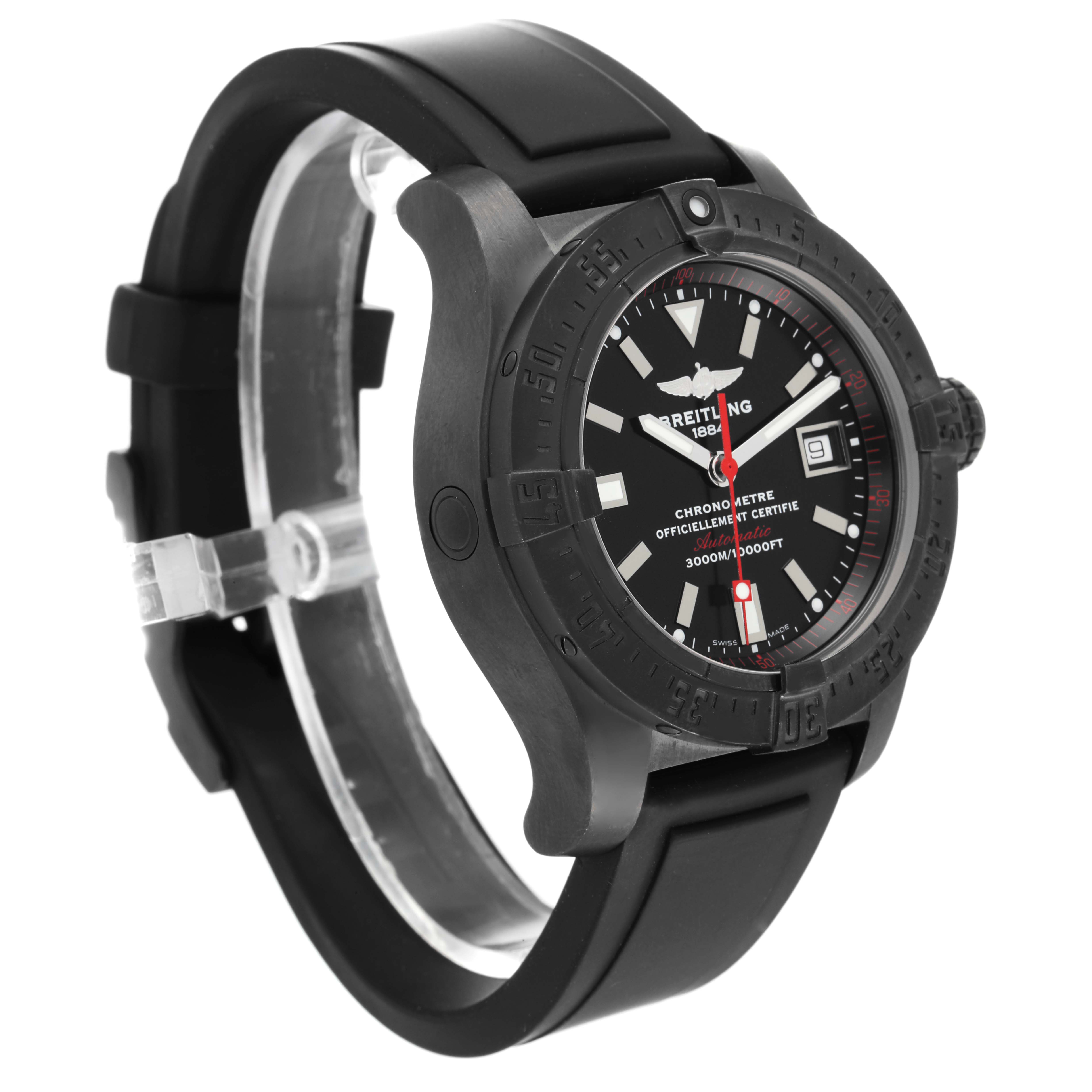 The image shows a side and front angle of the Breitling Avenger M17330 Men's Stainless Steel Black Dial M17330 Men's Stainless Steel Black Dial watch, highlighting the strap, bezel, and face.