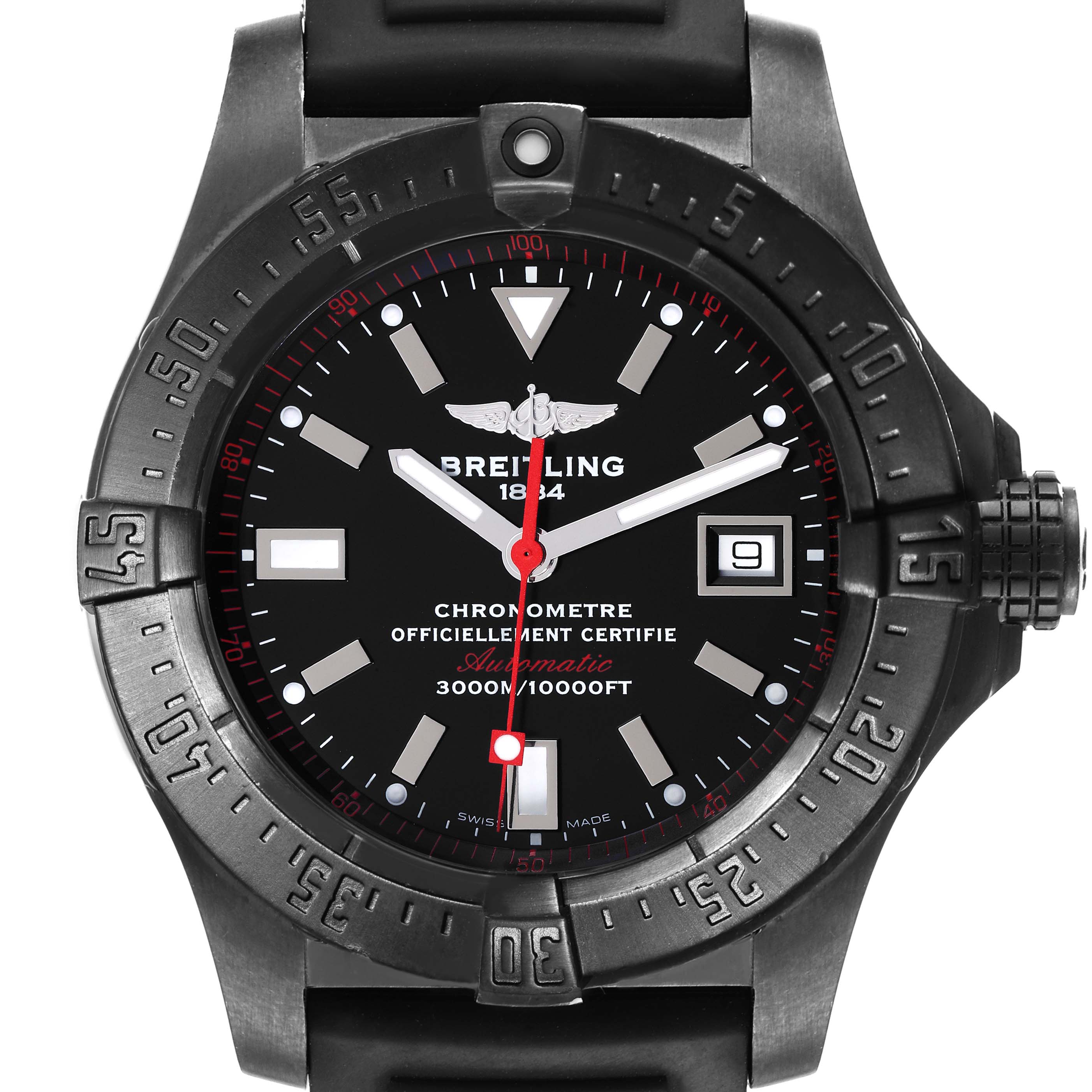The image shows a front view of the Breitling Avenger M17330 Men's Stainless Steel Black Dial M17330 Men's Stainless Steel Black Dial watch, highlighting its black dial, bezel, crown, and rubber strap.