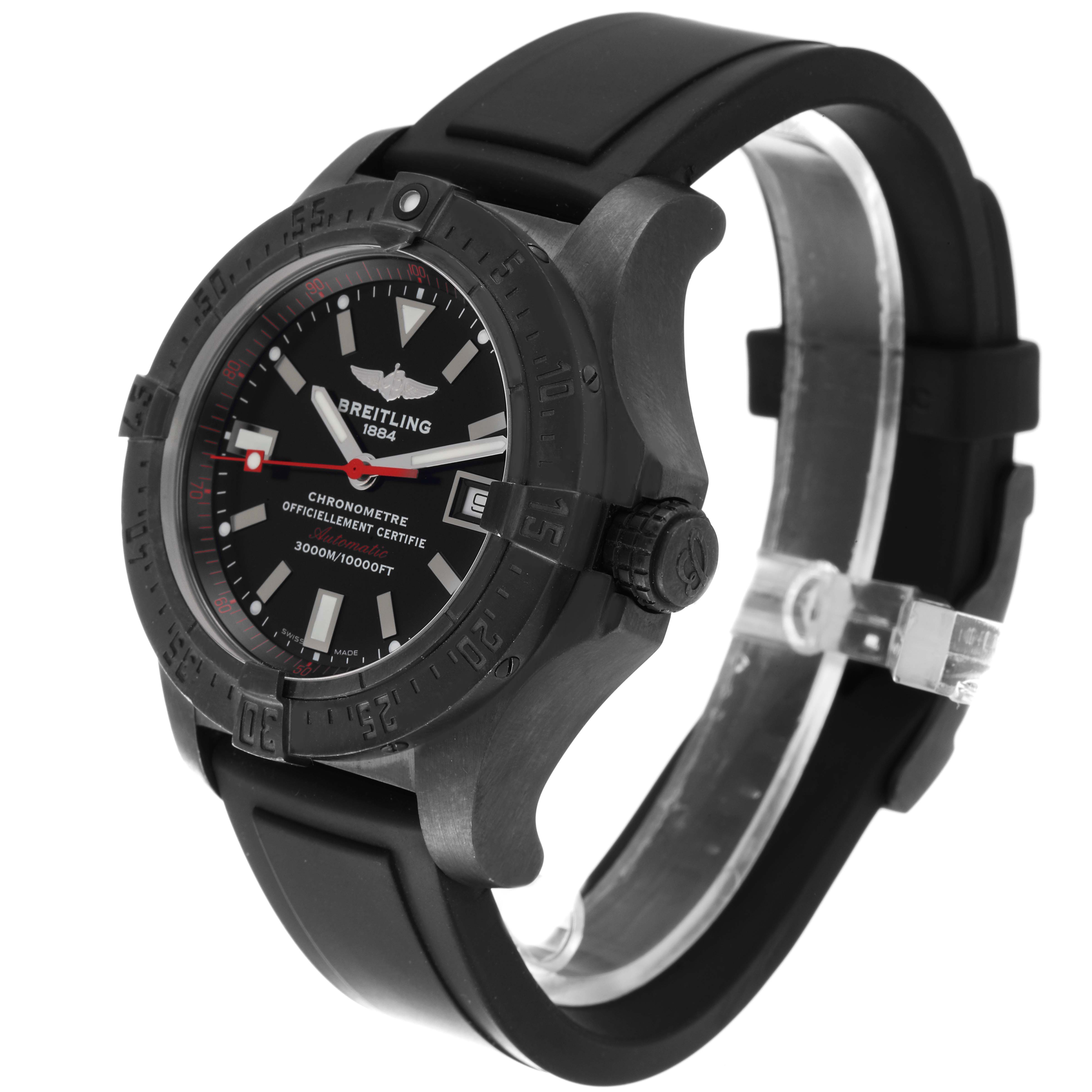 The image shows a Breitling Avenger M17330 Men's Stainless Steel Black Dial M17330 Men's Stainless Steel Black Dial watch at a three-quarter angle, highlighting the case, dial, bezel, and rubber strap.