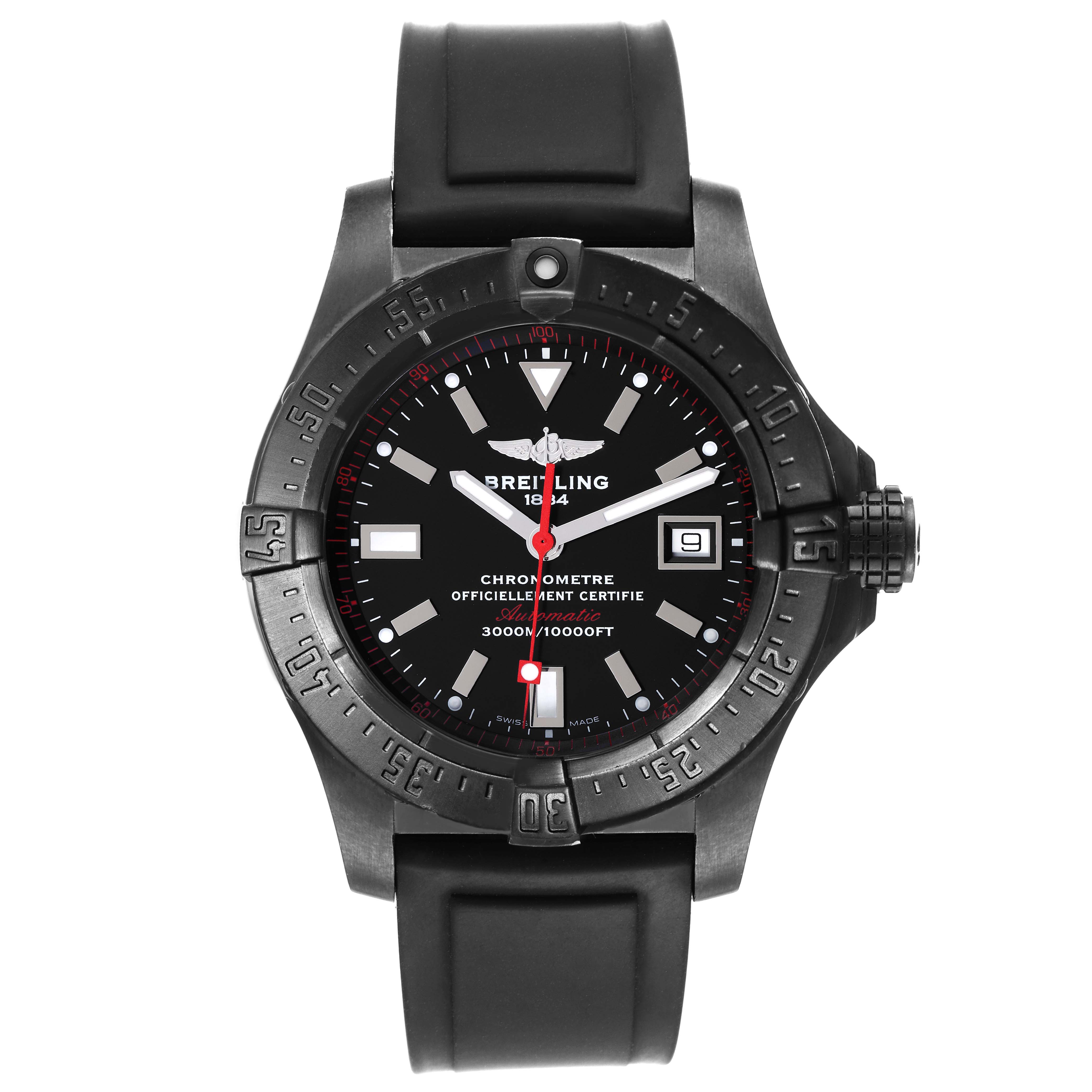 This image shows a front view of the Breitling Avenger M17330 Men's Stainless Steel Black Dial M17330 Men's Stainless Steel Black Dial watch, highlighting the dial, bezel, crown, and rubber strap.