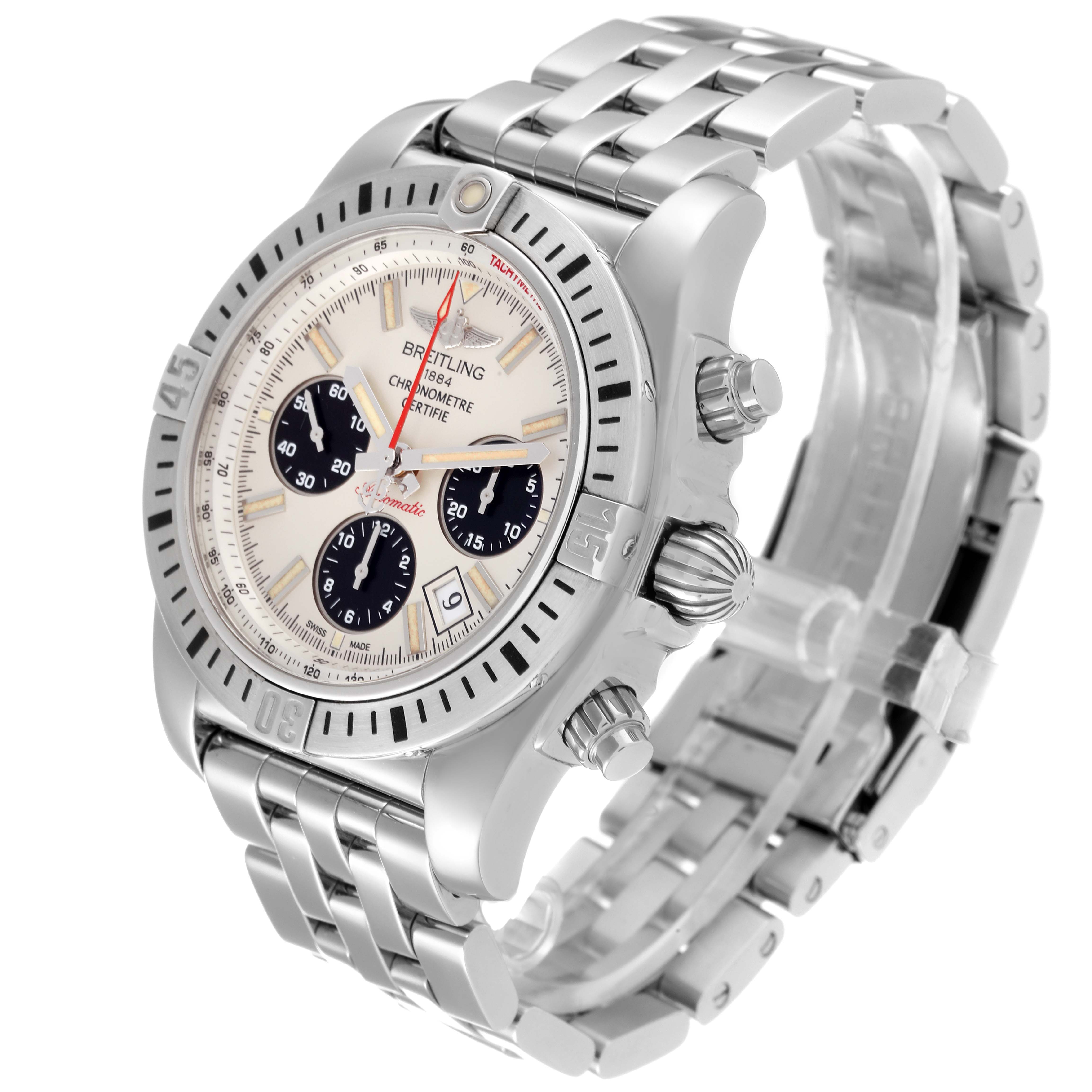 This Breitling Chronomat AB0115 Men's Stainless Steel Silver Dial AB0115 Men's Stainless Steel Silver Dial watch is shown at a three-quarter angle showcasing its stainless steel case, dial, and bracelet.