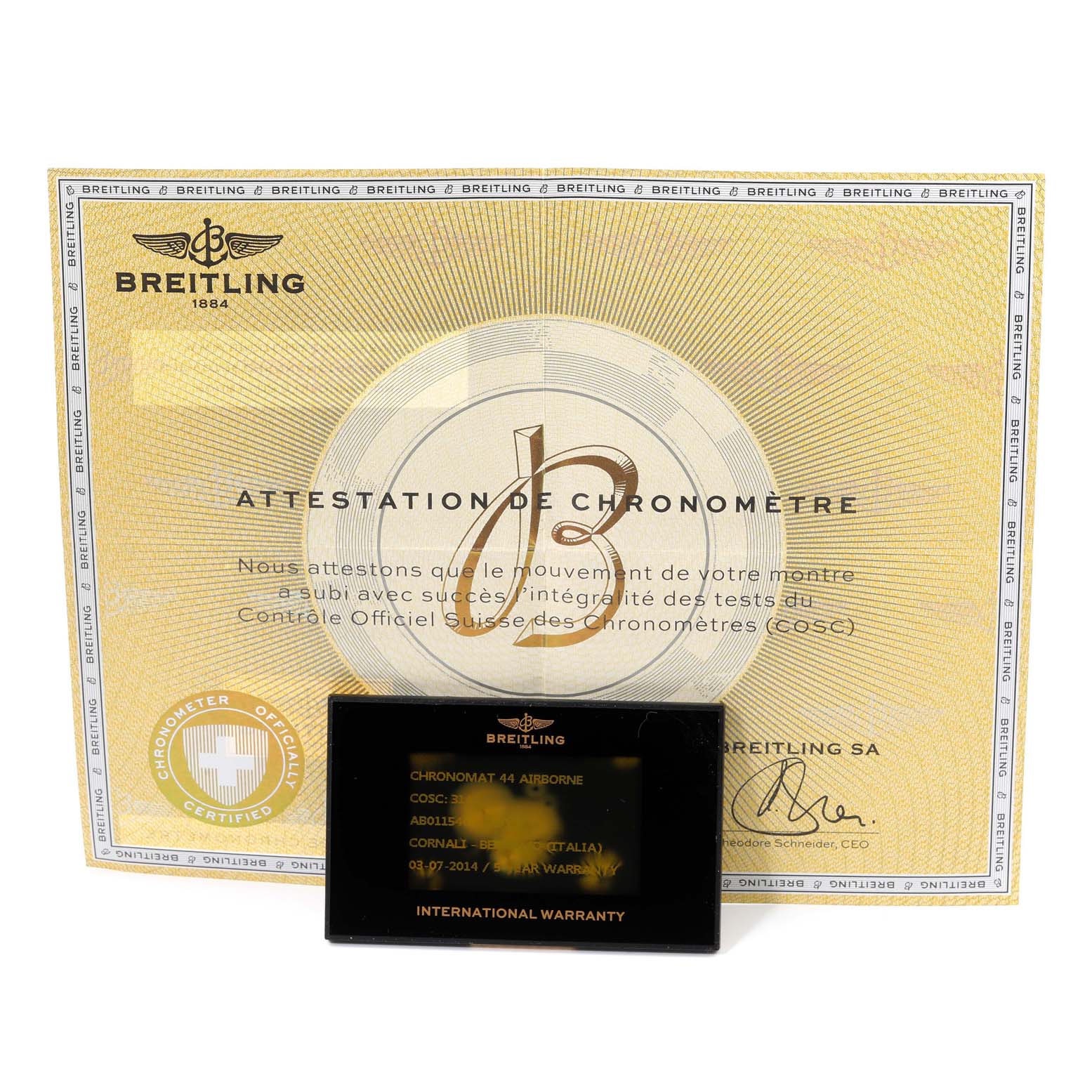 The image shows a Breitling Chronomat AB0115 Men's Stainless Steel Silver Dial AB0115 Men's Stainless Steel Silver Dial model's certificate and international warranty card, photographed from above.