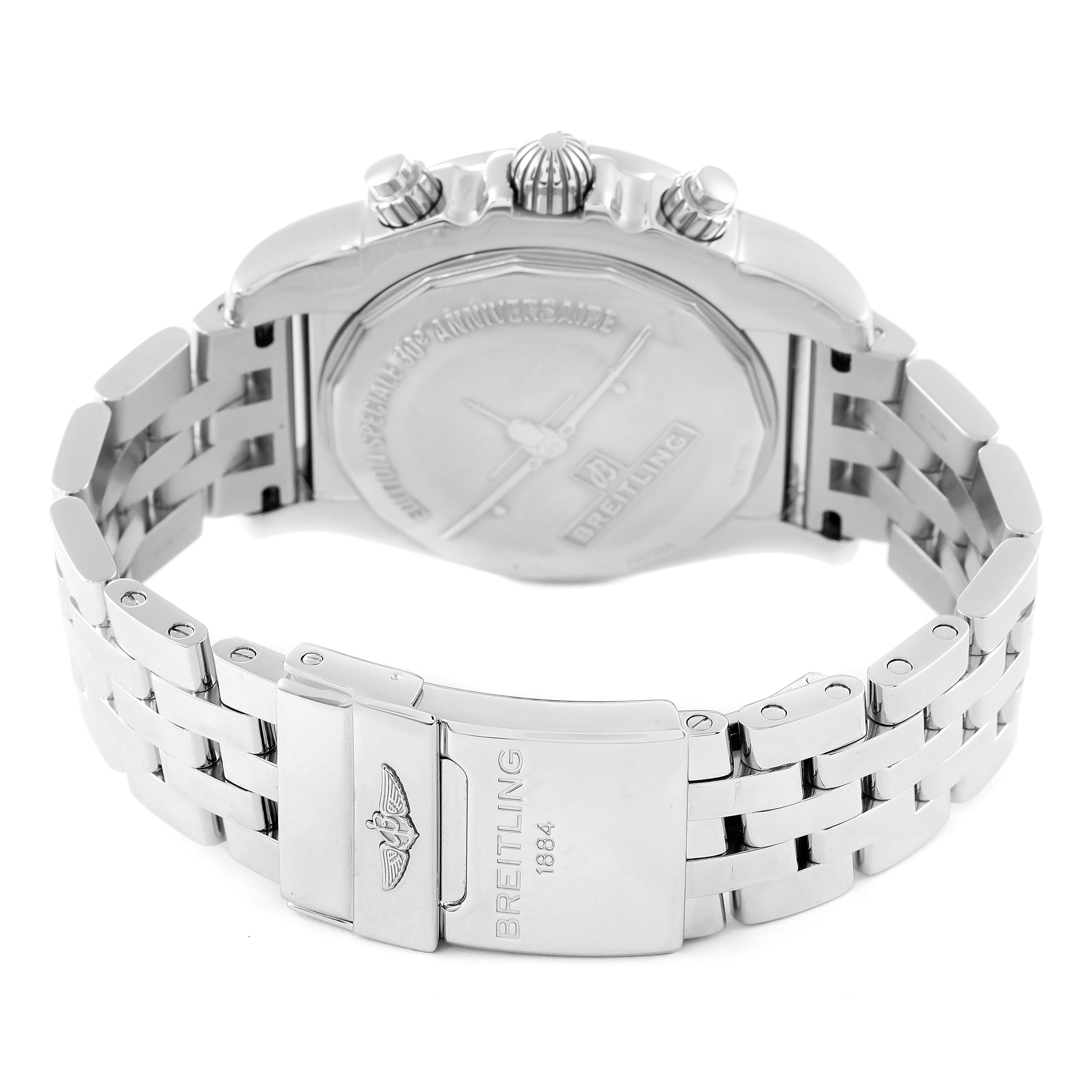 The image shows the back and band of a Breitling Chronomat AB0115 Men's Stainless Steel Silver Dial AB0115 Men's Stainless Steel Silver Dial watch, highlighting the clasp and caseback features.