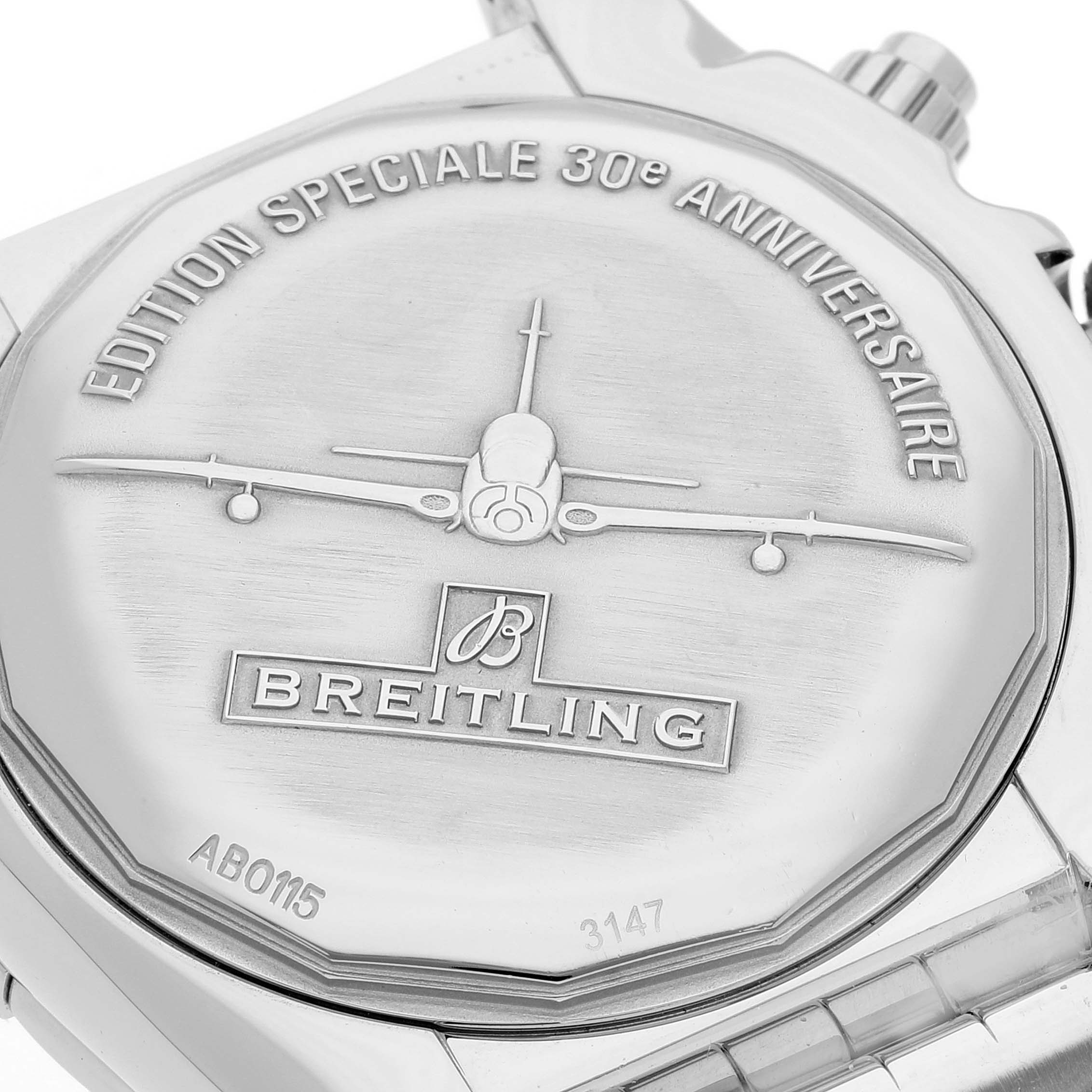 The image shows the back case of the Breitling Chronomat AB0115 Men's Stainless Steel Silver Dial AB0115 Men's Stainless Steel Silver Dial watch, highlighting the "Edition Speciale 30e Anniversaire" engraving.