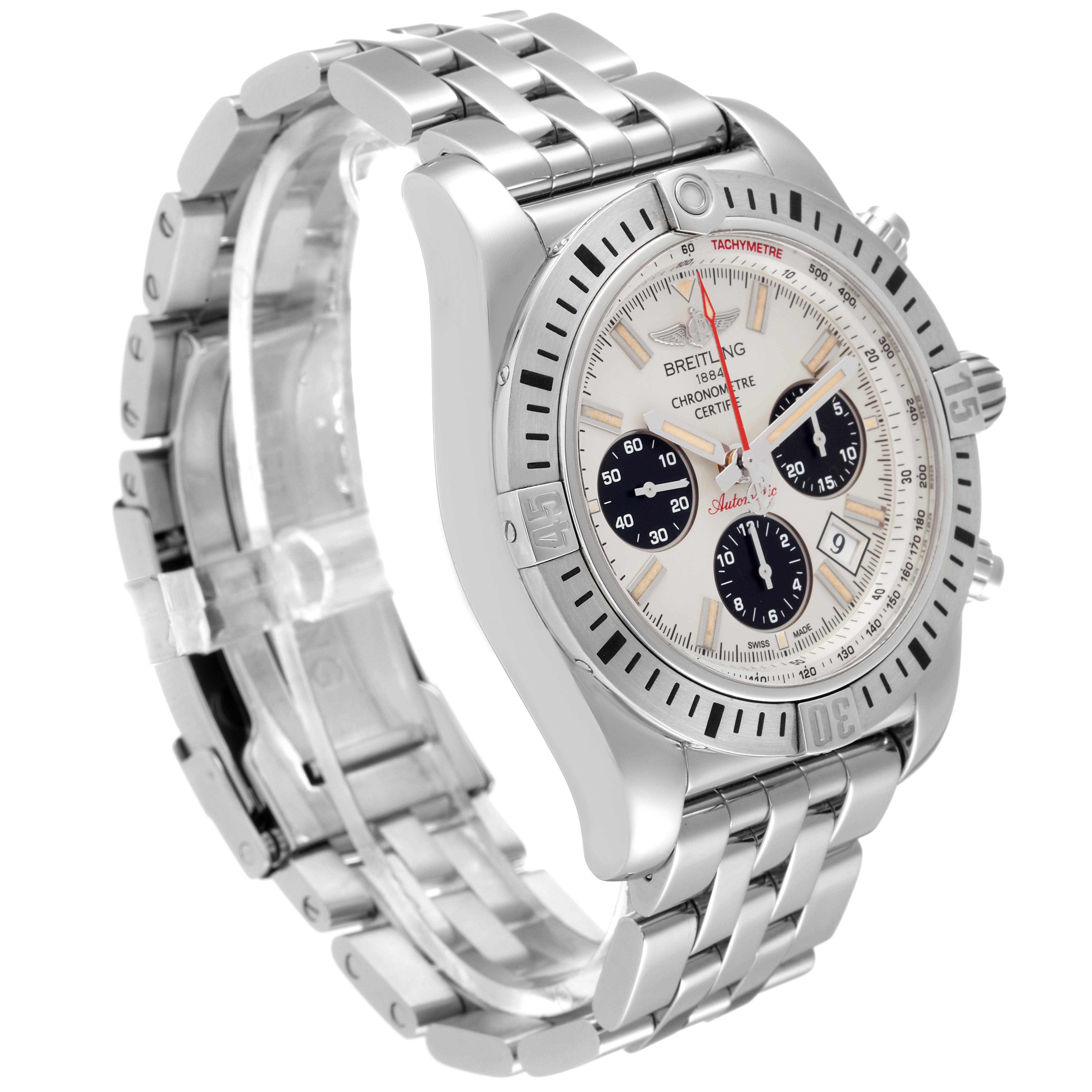 The image shows a Breitling Chronomat AB0115 Men's Stainless Steel Silver Dial AB0115 Men's Stainless Steel Silver Dial watch at a three-quarter angle, highlighting its bezel, dial, and stainless steel bracelet.