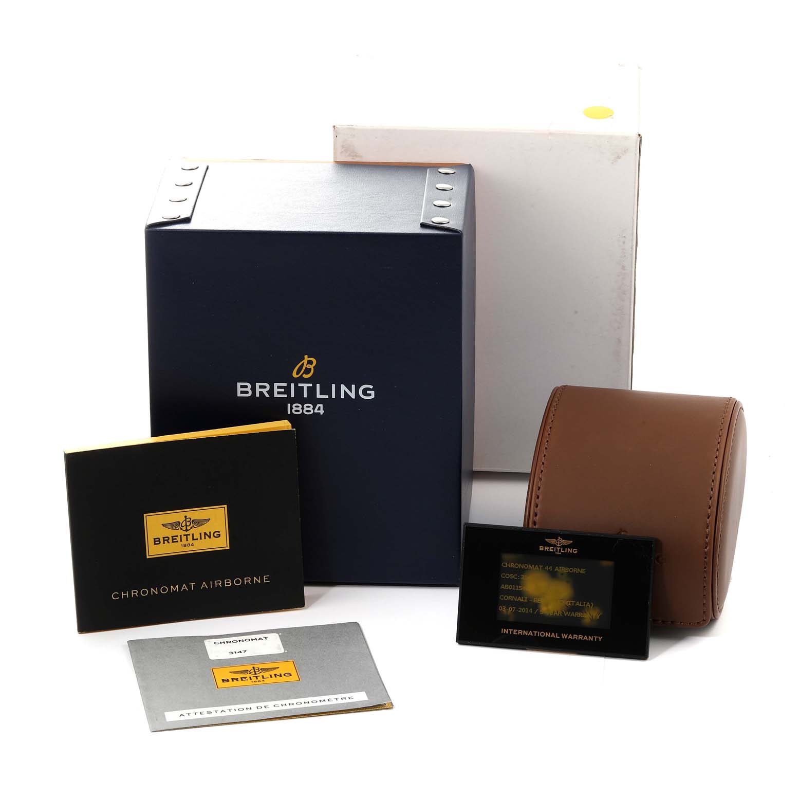 The image shows the packaging, accessories, and documents for a Breitling Chronomat AB0115 Men's Stainless Steel Silver Dial AB0115 Men's Stainless Steel Silver Dial watch, including a box, manuals, warranty card, and a watch case.