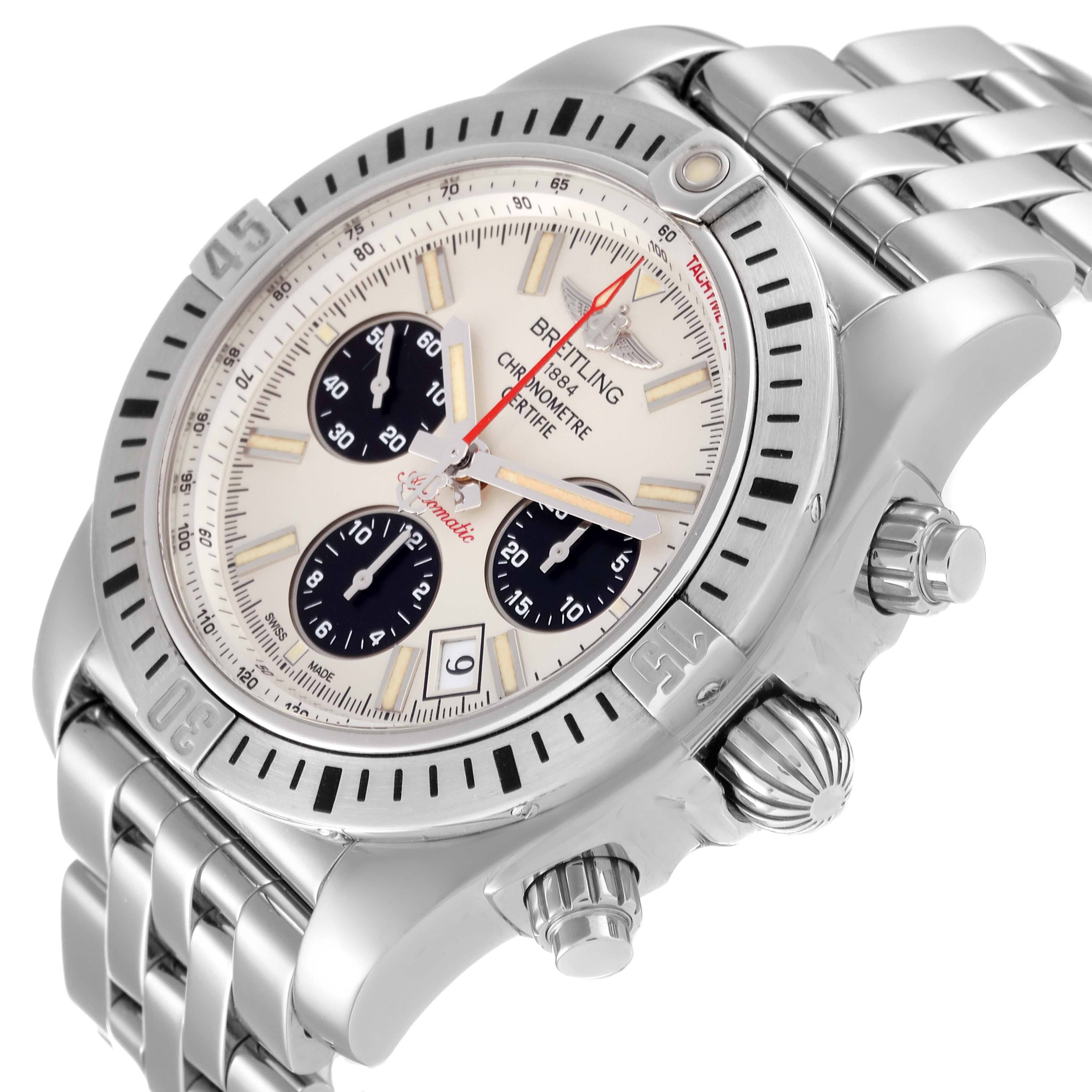 The image shows a Breitling Chronomat AB0115 Men's Stainless Steel Silver Dial AB0115 Men's Stainless Steel Silver Dial watch angled to display its dial, bezel, crown, pushers, and bracelet.