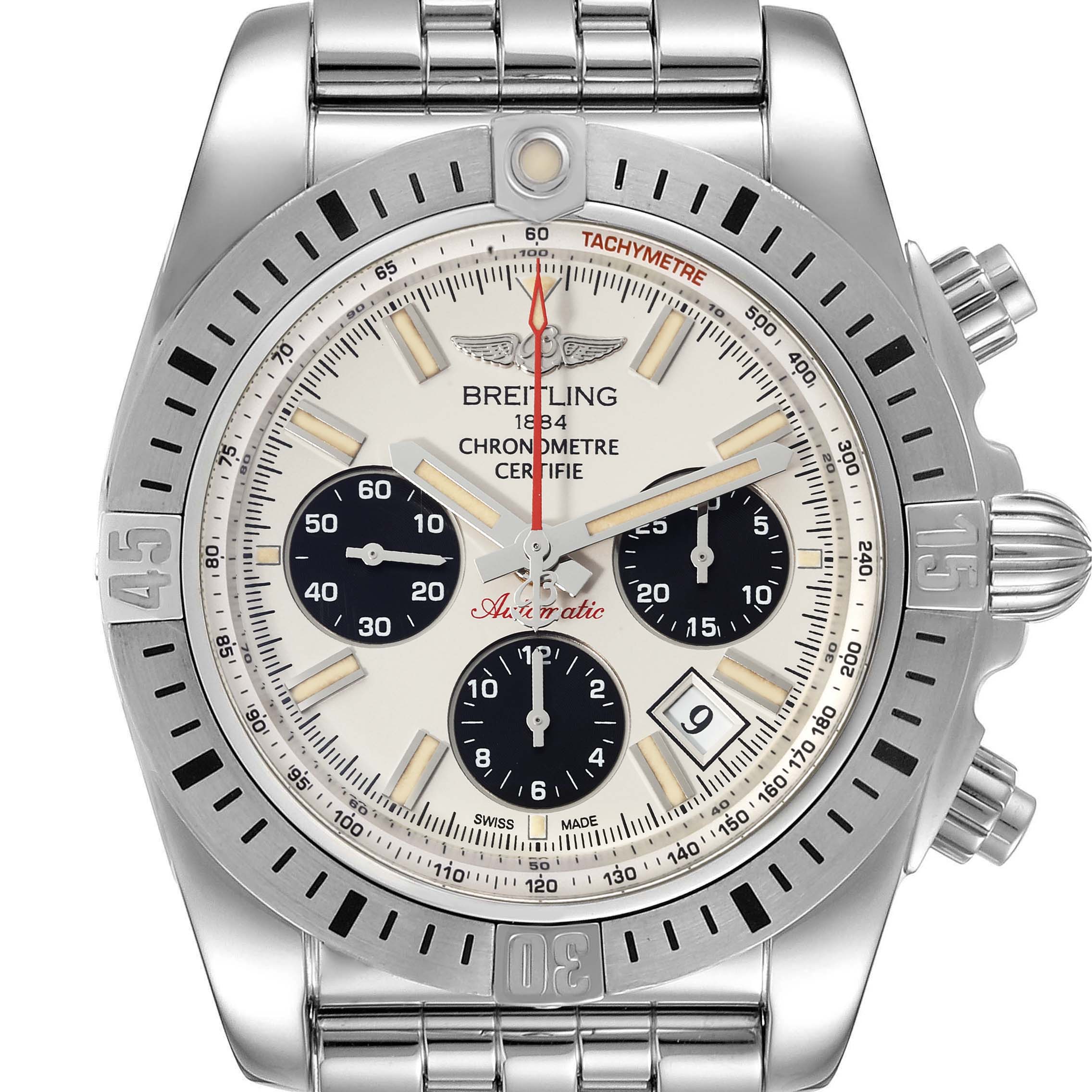The image shows a frontal view of the Breitling Chronomat AB0115 Men's Stainless Steel Silver Dial AB0115 Men's Stainless Steel Silver Dial watch, highlighting its face, bezel, crown, and bracelet.