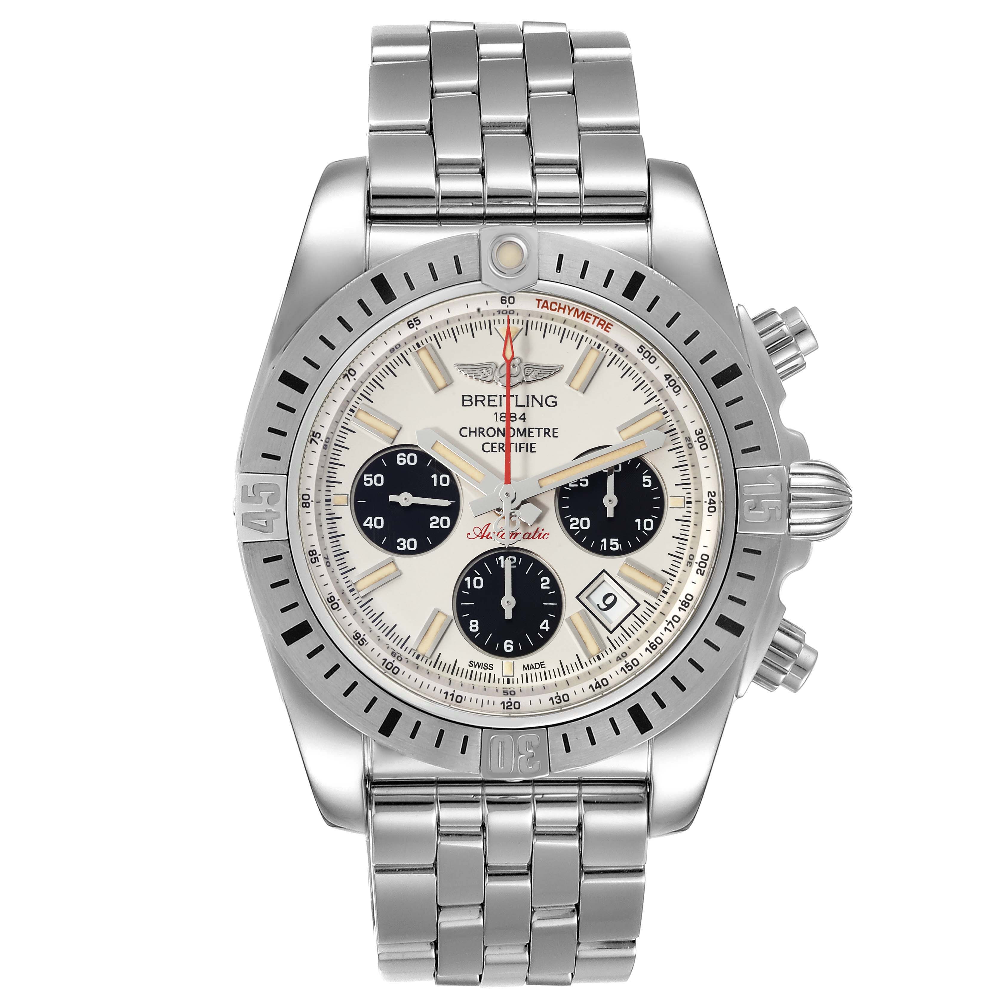 The image shows a front view of a Breitling Chronomat AB0115 Men's Stainless Steel Silver Dial AB0115 Men's Stainless Steel Silver Dial watch displaying the dial, bracelet, bezel, crown, and pushers.