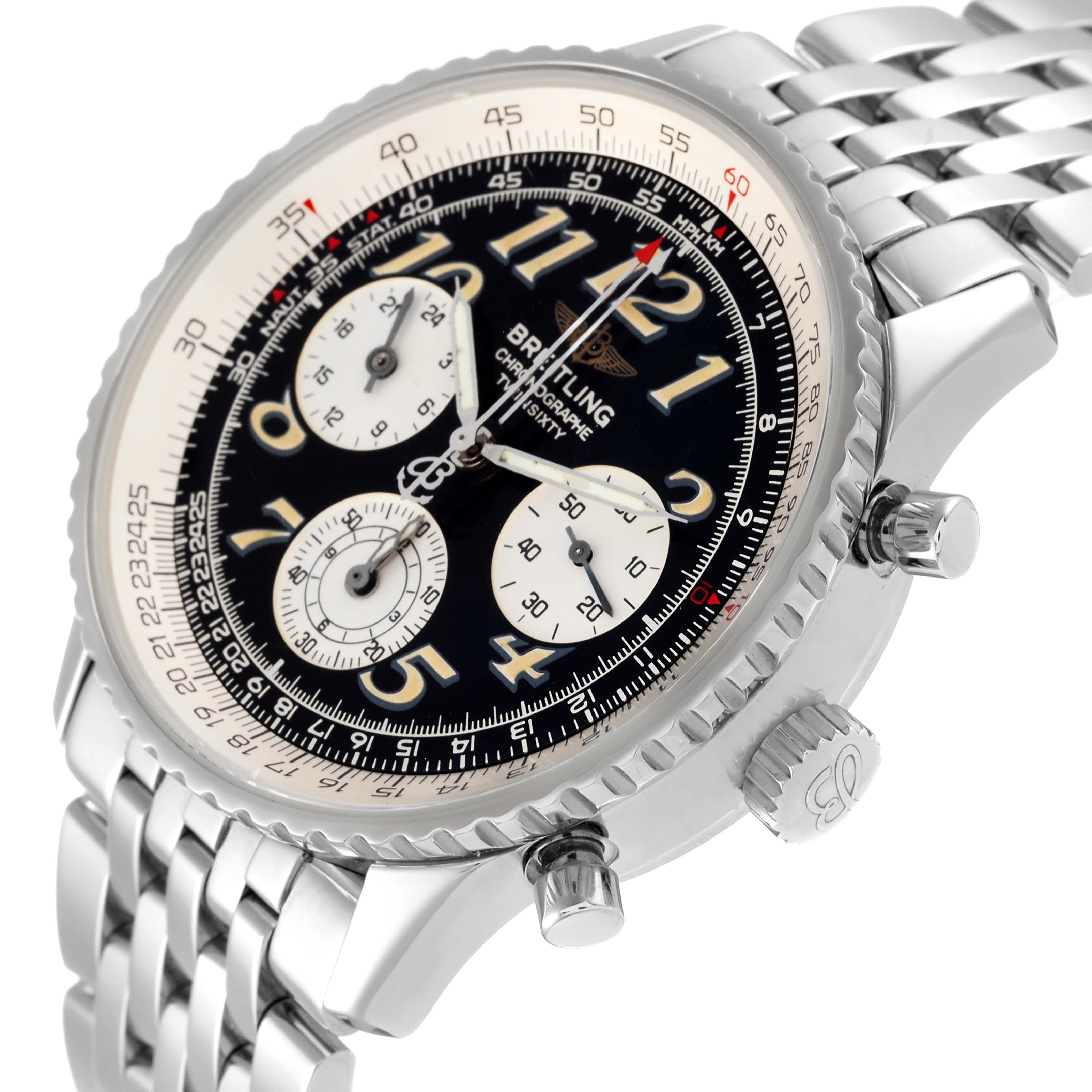 This image shows a Breitling Navitimer A39022.1 Men's Stainless Steel Black Dial A39022.1 Men's Stainless Steel Black Dial watch at a side angle highlighting its dial, bezel, crown, pushers, and bracelet.