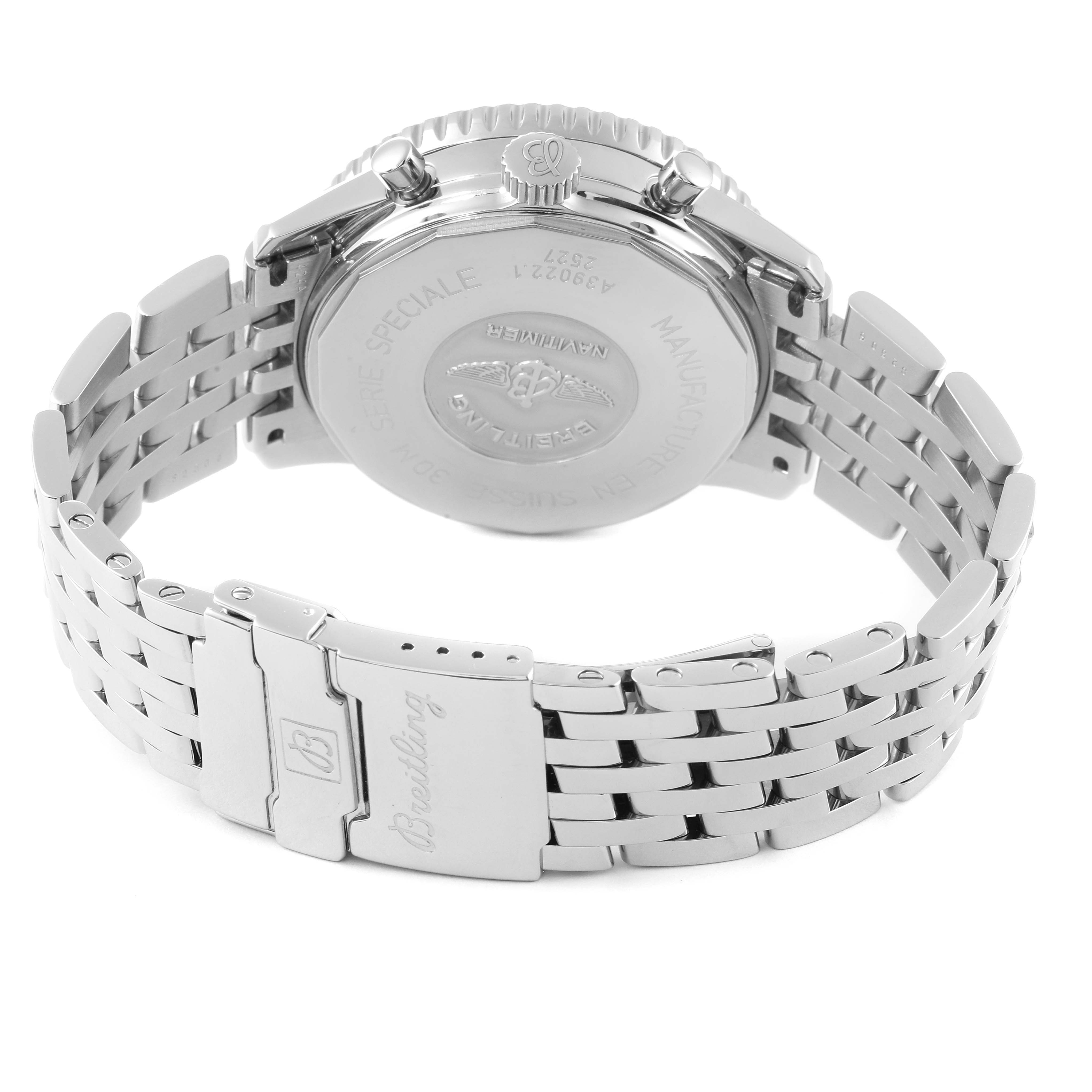 The image shows the back case and bracelet of a Breitling Navitimer A39022.1 Men's Stainless Steel Black Dial A39022.1 Men's Stainless Steel Black Dial watch from a rear angle.
