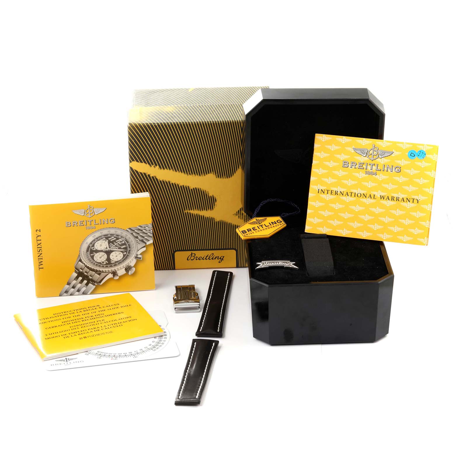 The image shows the packaging, warranty card, user manuals, and straps for a Breitling Navitimer A39022.1 Men's Stainless Steel Black Dial A39022.1 Men's Stainless Steel Black Dial watch.