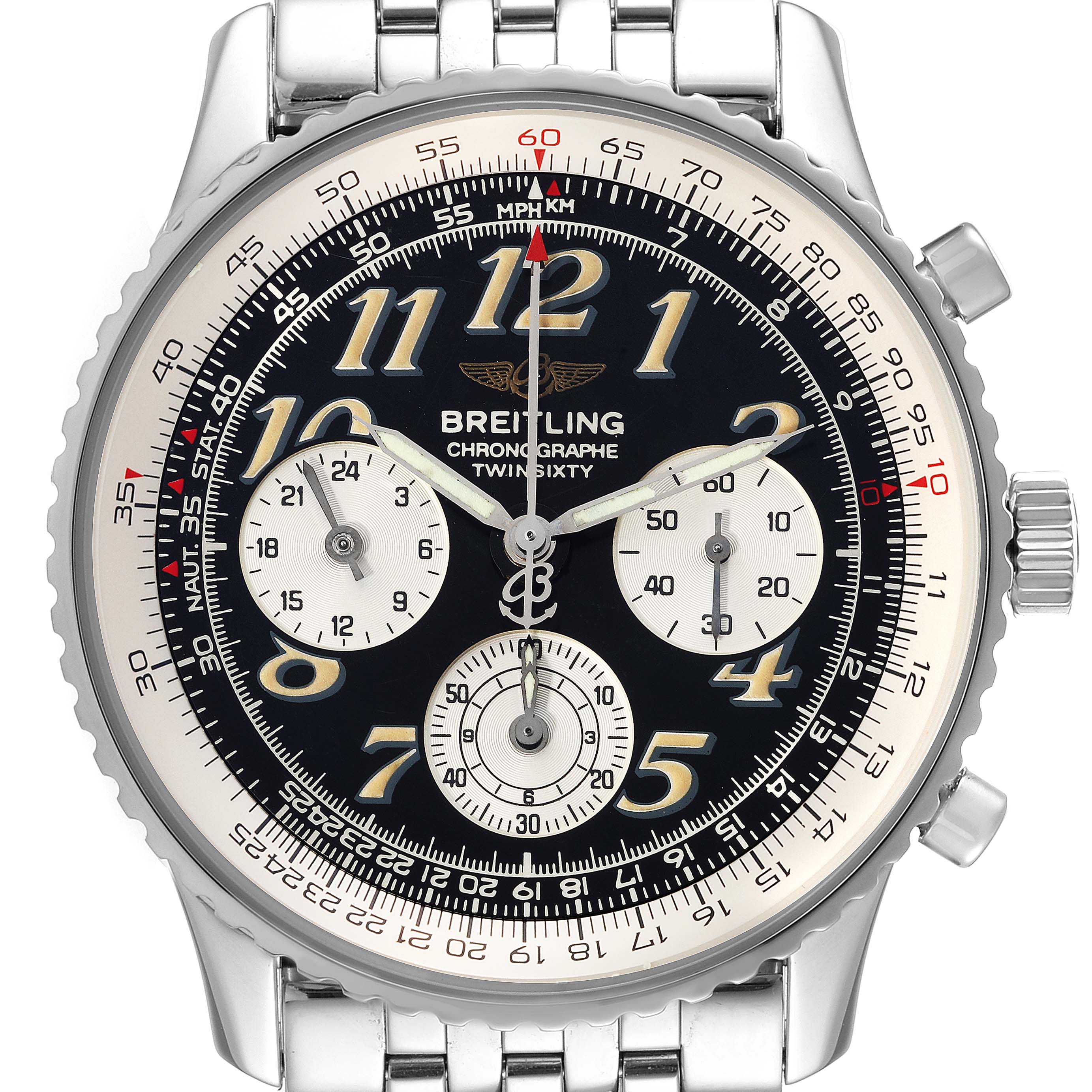 The image shows a front view of a Breitling Navitimer A39022.1 Men's Stainless Steel Black Dial A39022.1 Men's Stainless Steel Black Dial watch, highlighting the dial, chronograph subdials, bezel, and bracelet.