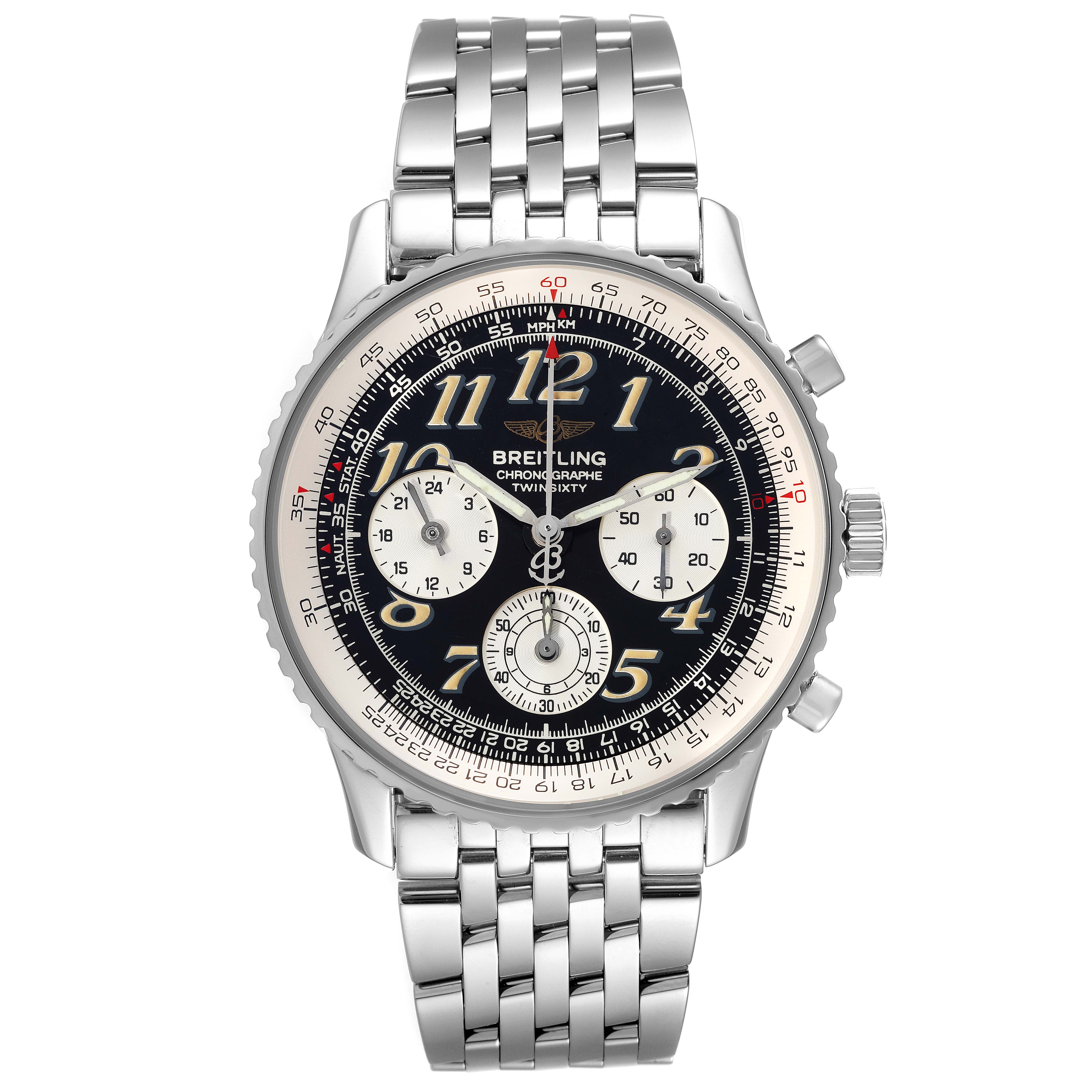 This image shows a front view of the Breitling Navitimer A39022.1 Men's Stainless Steel Black Dial A39022.1 Men's Stainless Steel Black Dial watch, highlighting its face, bezel, and bracelet.