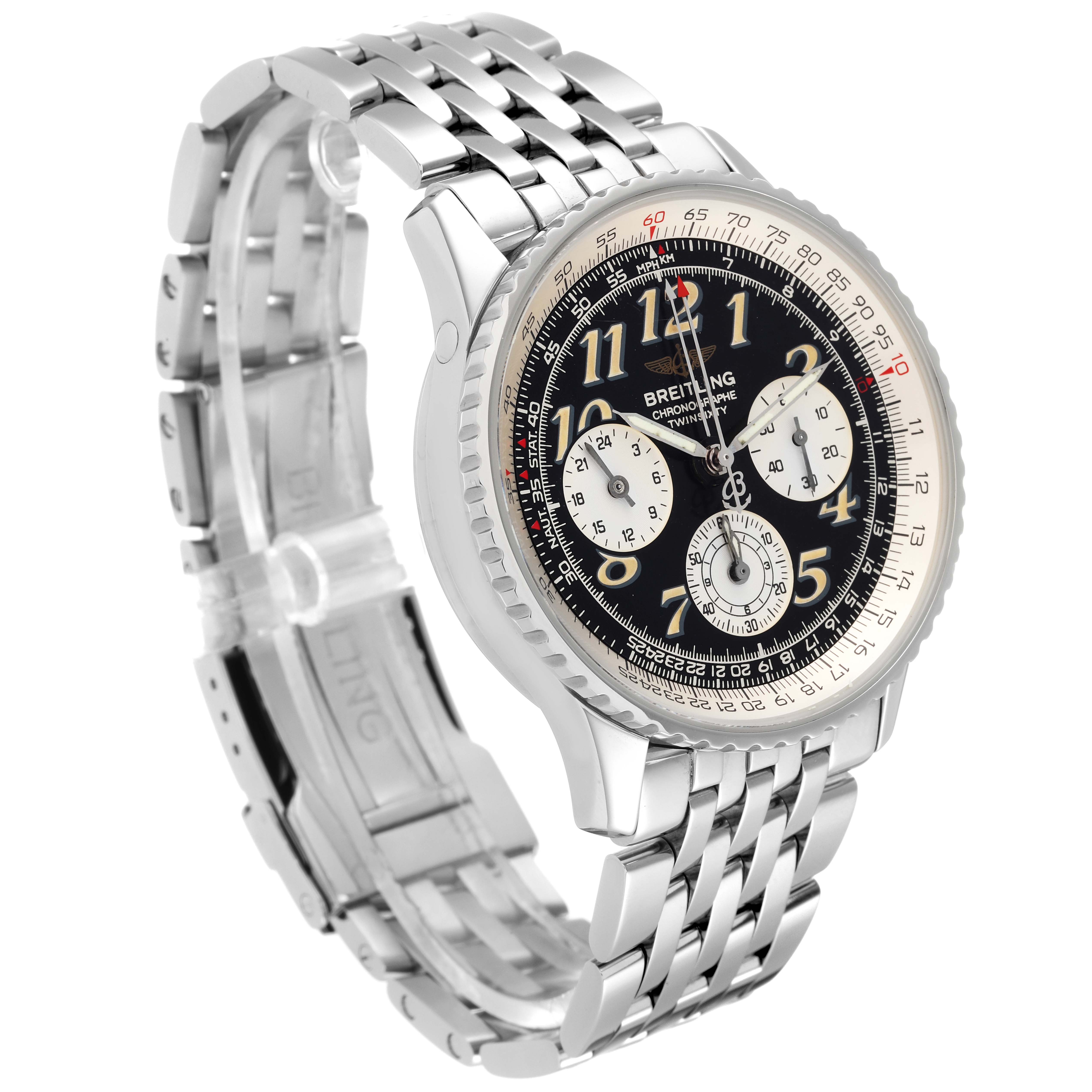This image shows the Breitling Navitimer A39022.1 Men's Stainless Steel Black Dial A39022.1 Men's Stainless Steel Black Dial model from an angled side view, highlighting the watch face, bezel, and metal bracelet.