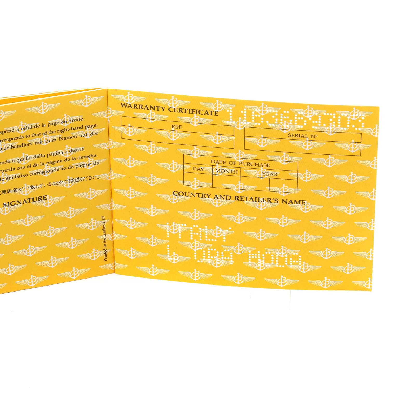 This image shows a warranty certificate booklet for the Breitling Navitimer A39022.1 Men's Stainless Steel Black Dial A39022.1 Men's Stainless Steel Black Dial model, open to display inside pages.