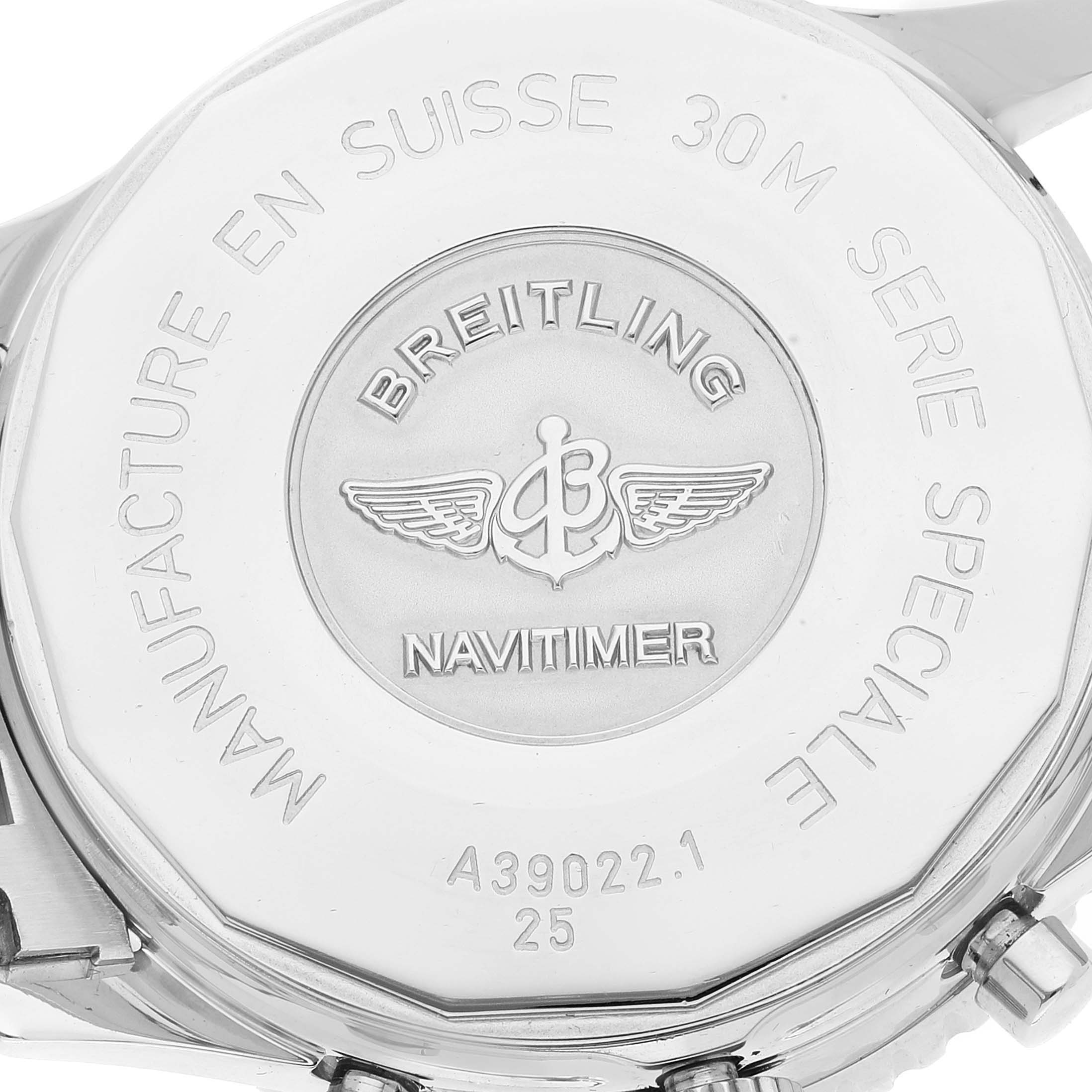 The image shows the back case of a Breitling Navitimer A39022.1 Men's Stainless Steel Black Dial A39022.1 Men's Stainless Steel Black Dial watch, displaying the brand's name and logo.