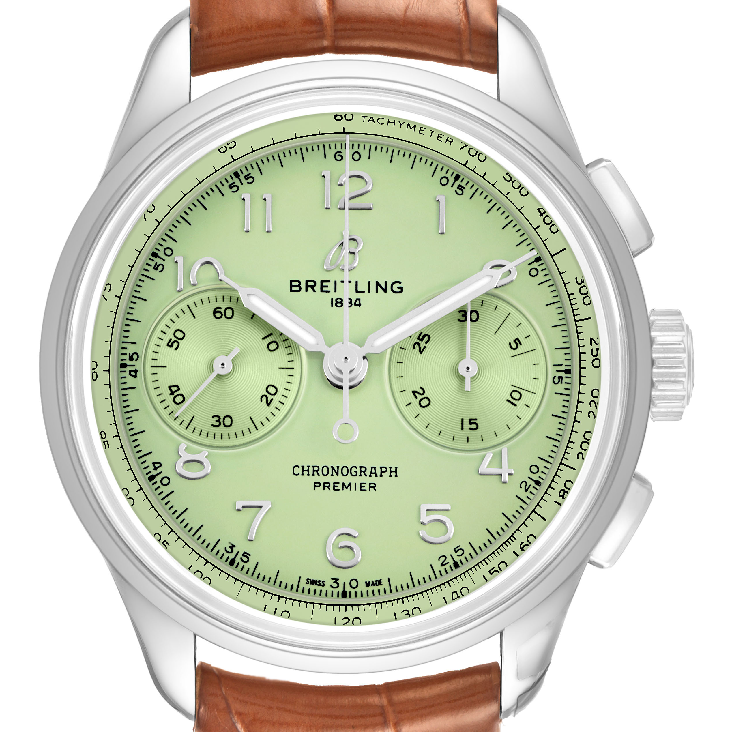 The Breitling Premier AB0930 Men's Stainless Steel Green Dial watch is shown from the front, highlighting its green face, chronograph dials, and brown strap.