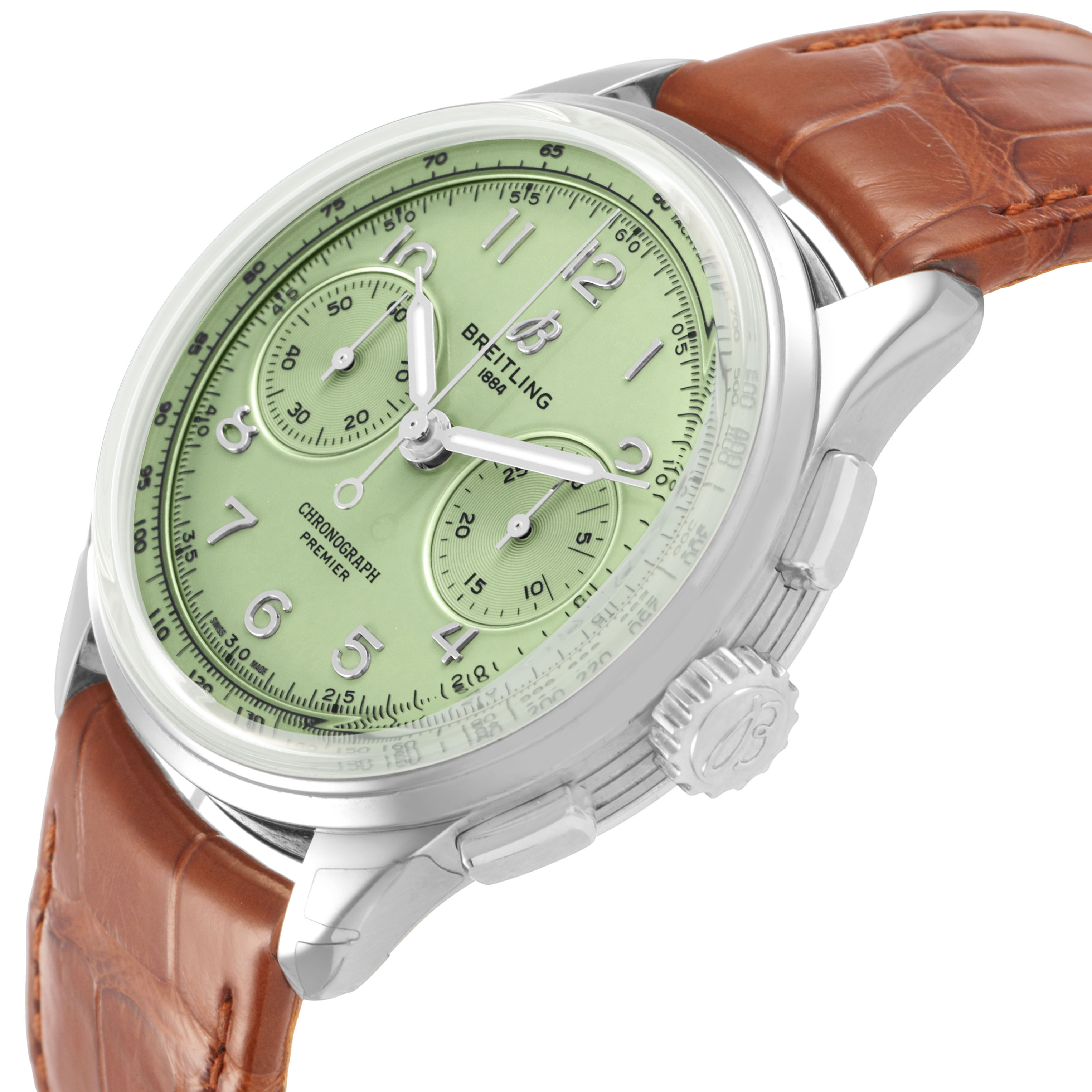 The Breitling Premier AB0930 Men's Stainless Steel Green Dial watch is shown from a three-quarter angle, highlighting its green dial, chronograph subdials, and brown leather strap.