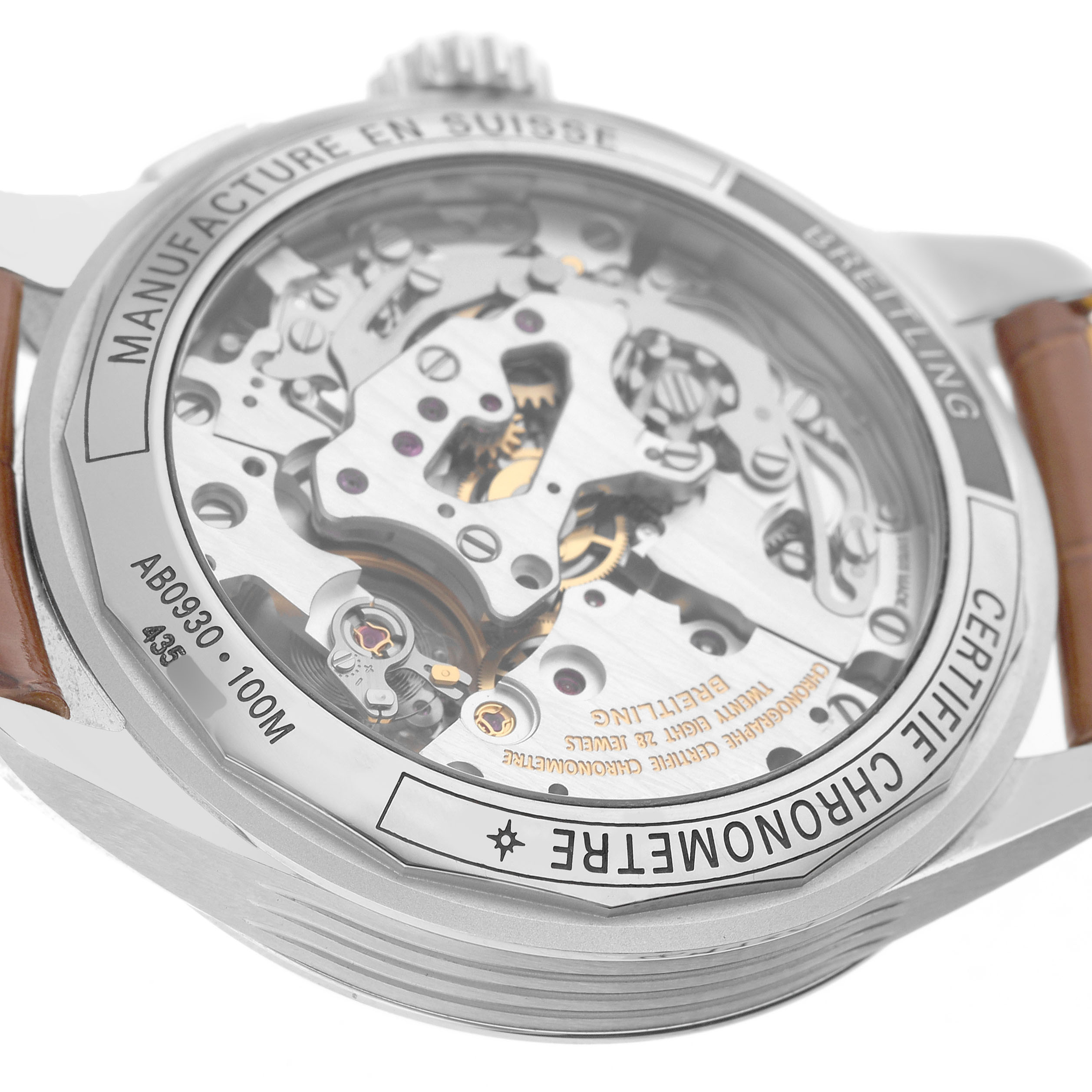 The image shows the back case of a Breitling Premier AB0930 Men's Stainless Steel Green Dial watch with visible mechanical movements.
