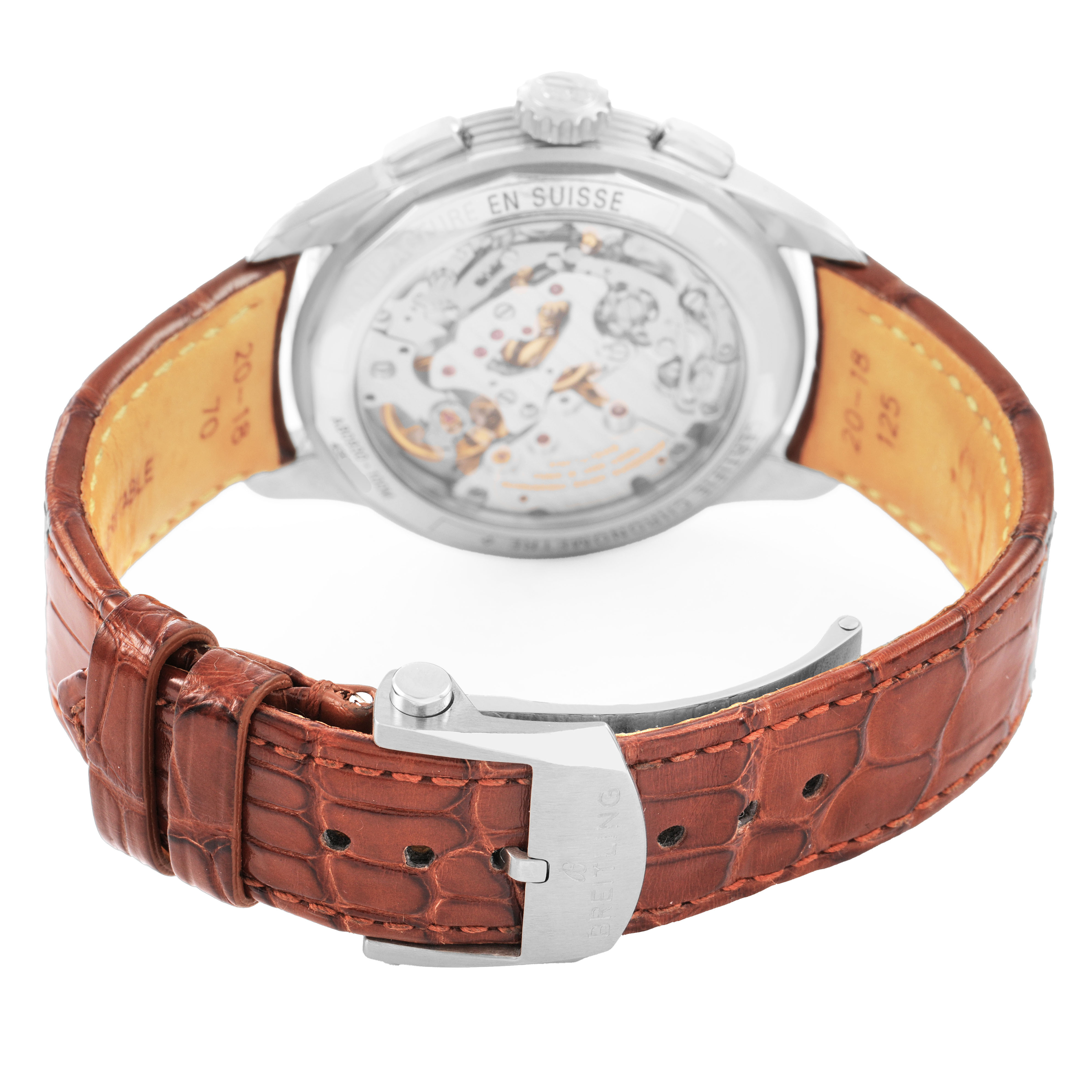 The image shows the back of the Breitling Premier AB0930 Men's Stainless Steel Green Dial watch with its inner mechanics and a brown leather strap.
