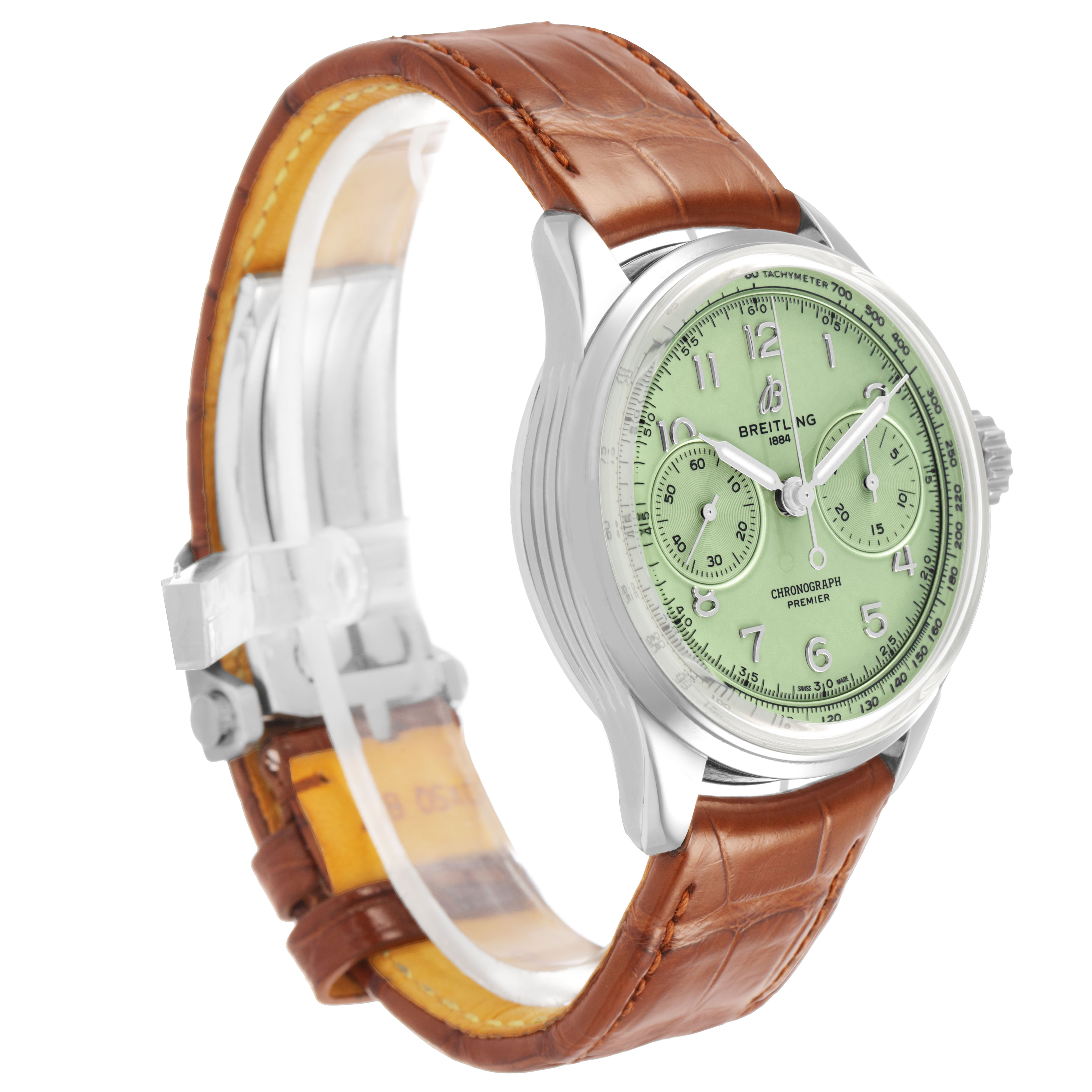 The Breitling Premier AB0930 Men's Stainless Steel Green Dial watch is shown at a three-quarter angle, highlighting the green dial, chronograph subdials, and brown leather strap.
