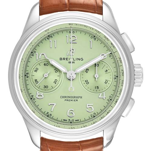 The Breitling Premier AB0930 Men's Stainless Steel Green Dial watch is shown from the front, displaying its dial, chronograph subdials, and brown leather strap.