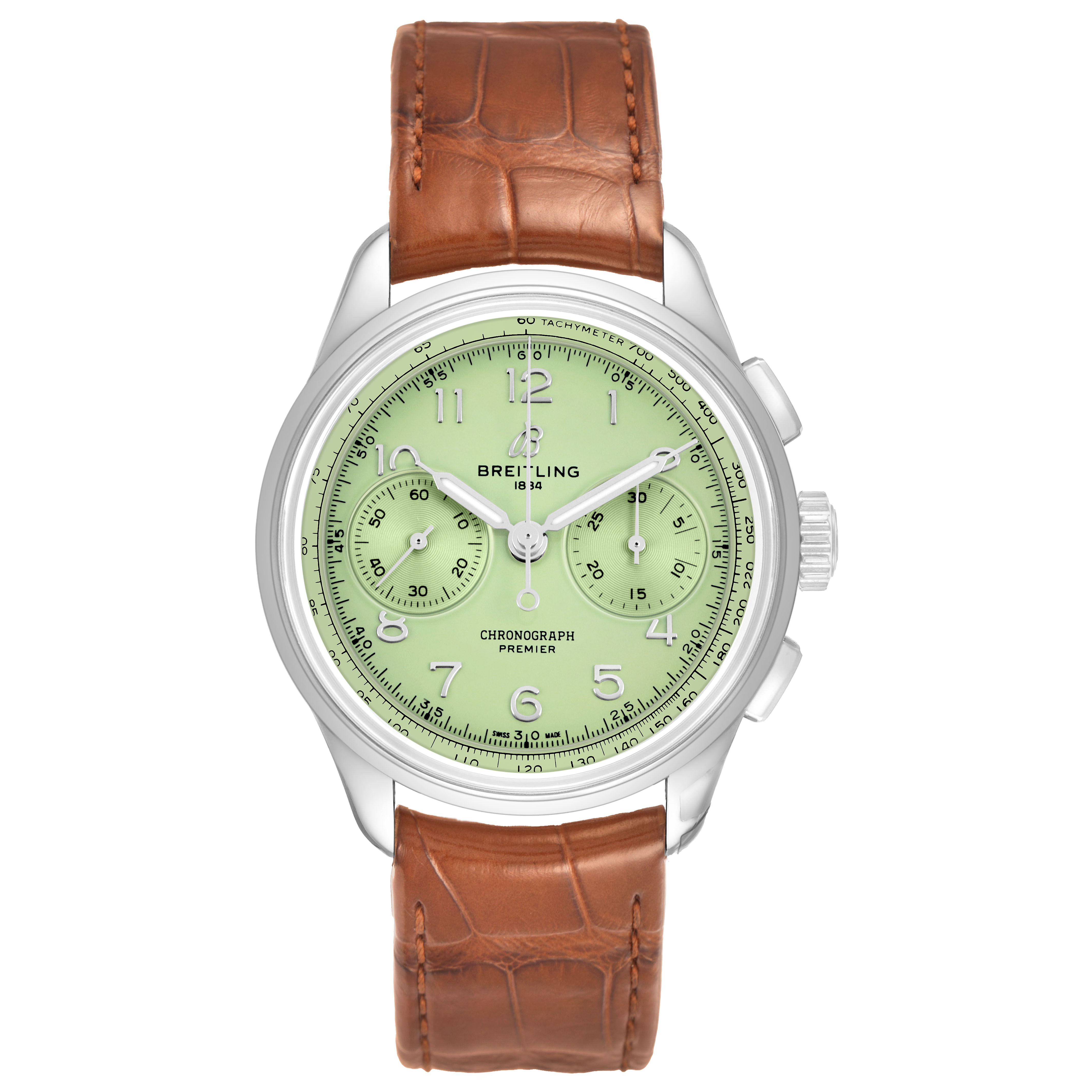 The Breitling Premier AB0930 Men's Stainless Steel Green Dial watch is shown from a front angle, displaying its green dial, silver case, and brown leather strap.