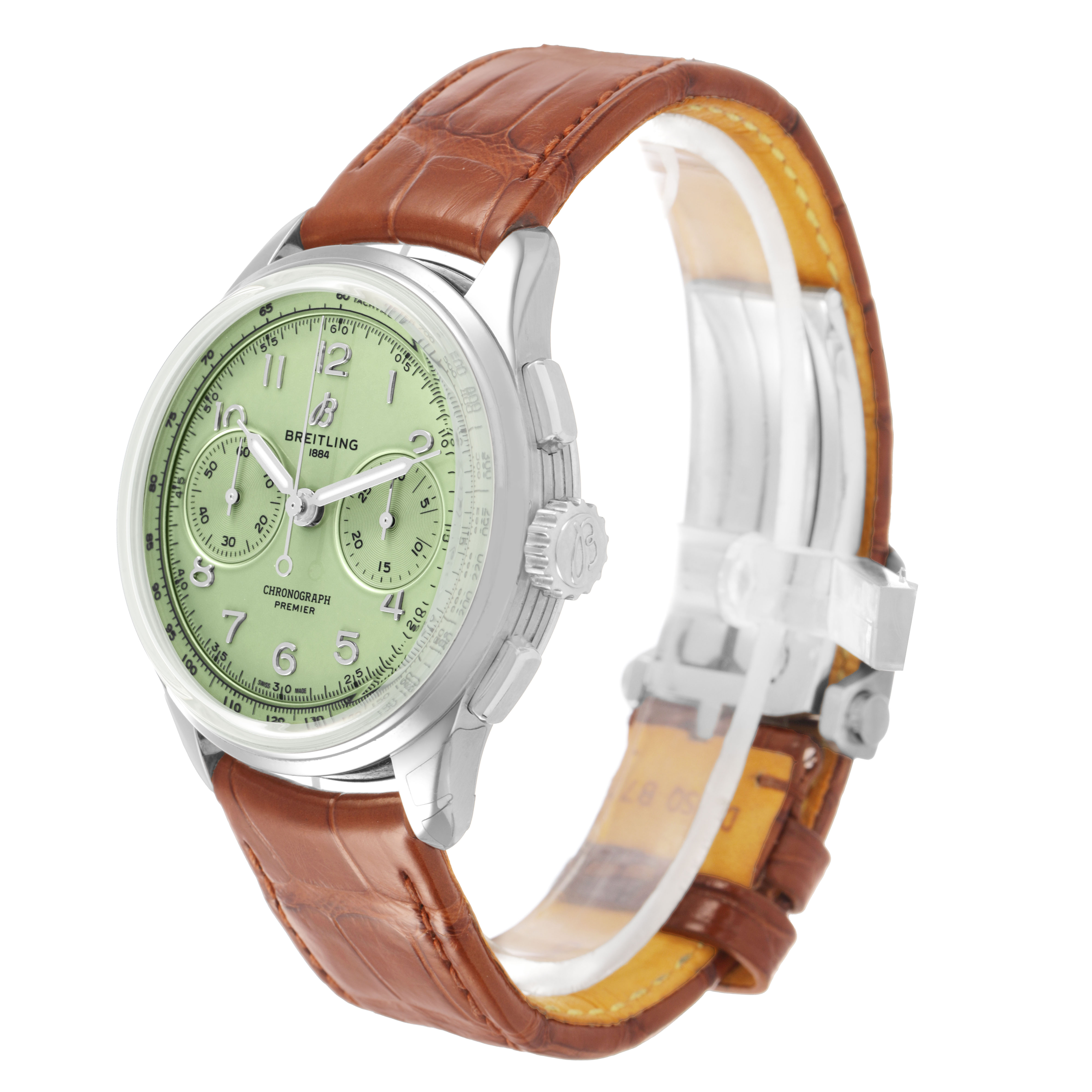 The Breitling Premier AB0930 Men's Stainless Steel Green Dial watch is shown at an angle highlighting the face, crown, and part of the leather strap.
