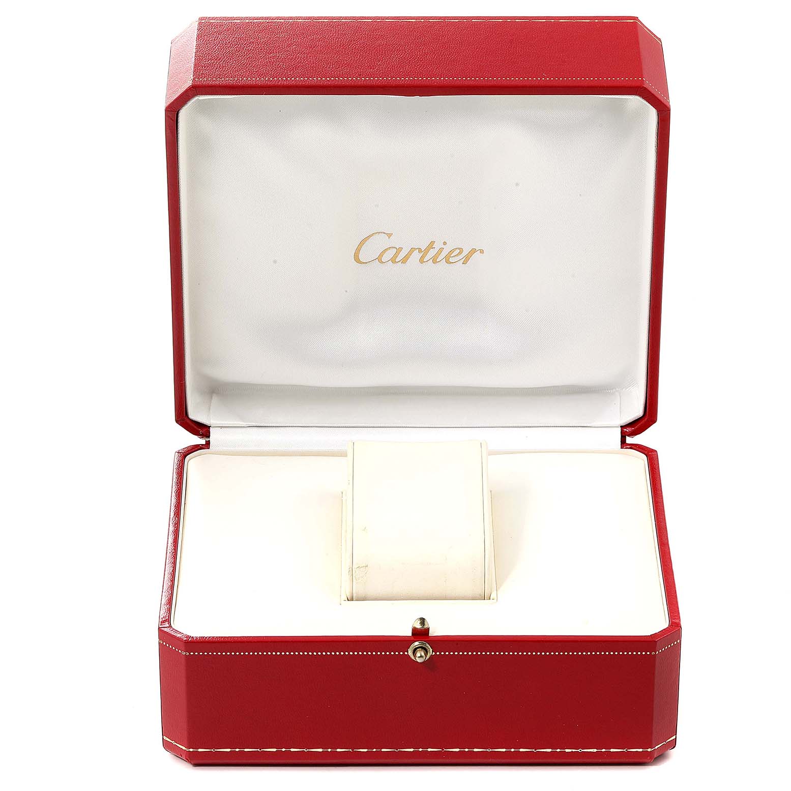 The image shows an open red Cartier box for the Baignoire model watch, highlighting the interior cushion and brand logo.