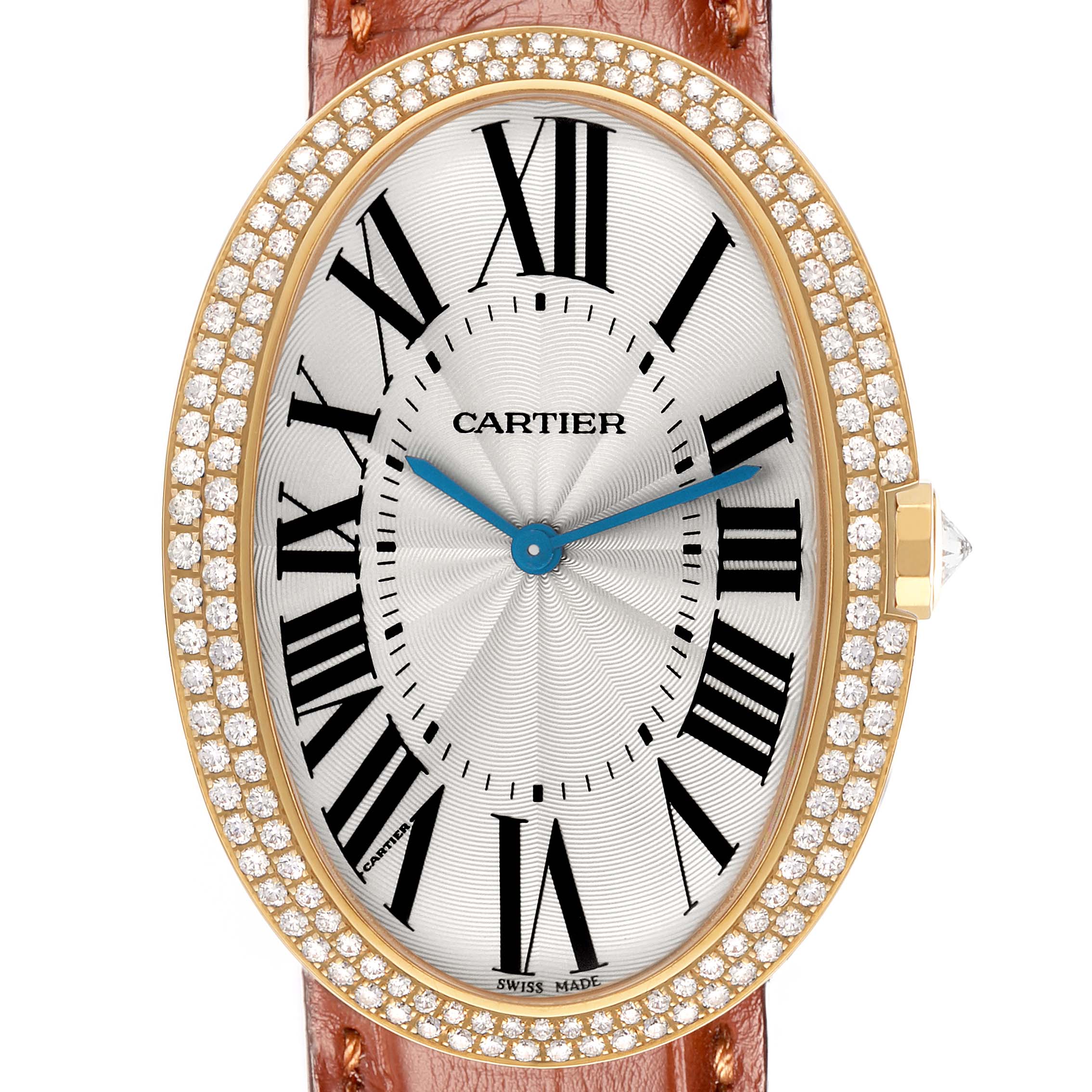 The Cartier Baignoire WB520005 Women
s Yellow Gold Silver Dial watch is shown from a top view, highlighting its oval face, Roman numerals, diamond bezel, and brown strap.