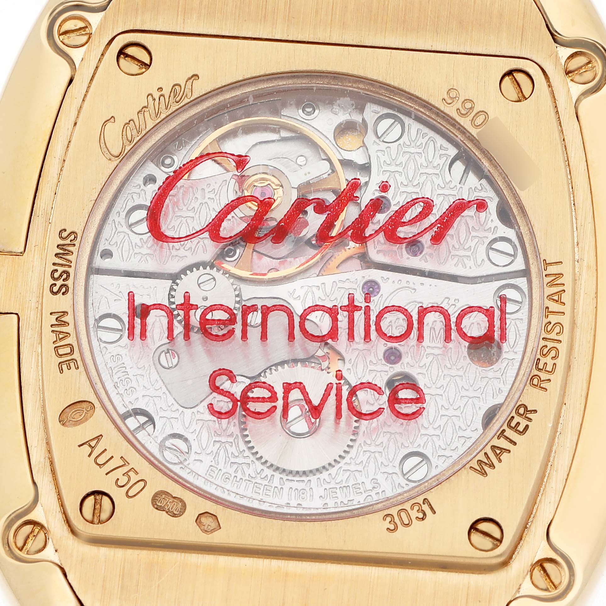 The image shows the back of a Cartier Baignoire WB520005 Women
s Yellow Gold Silver Dial watch, highlighting the visible movement through a transparent case back.