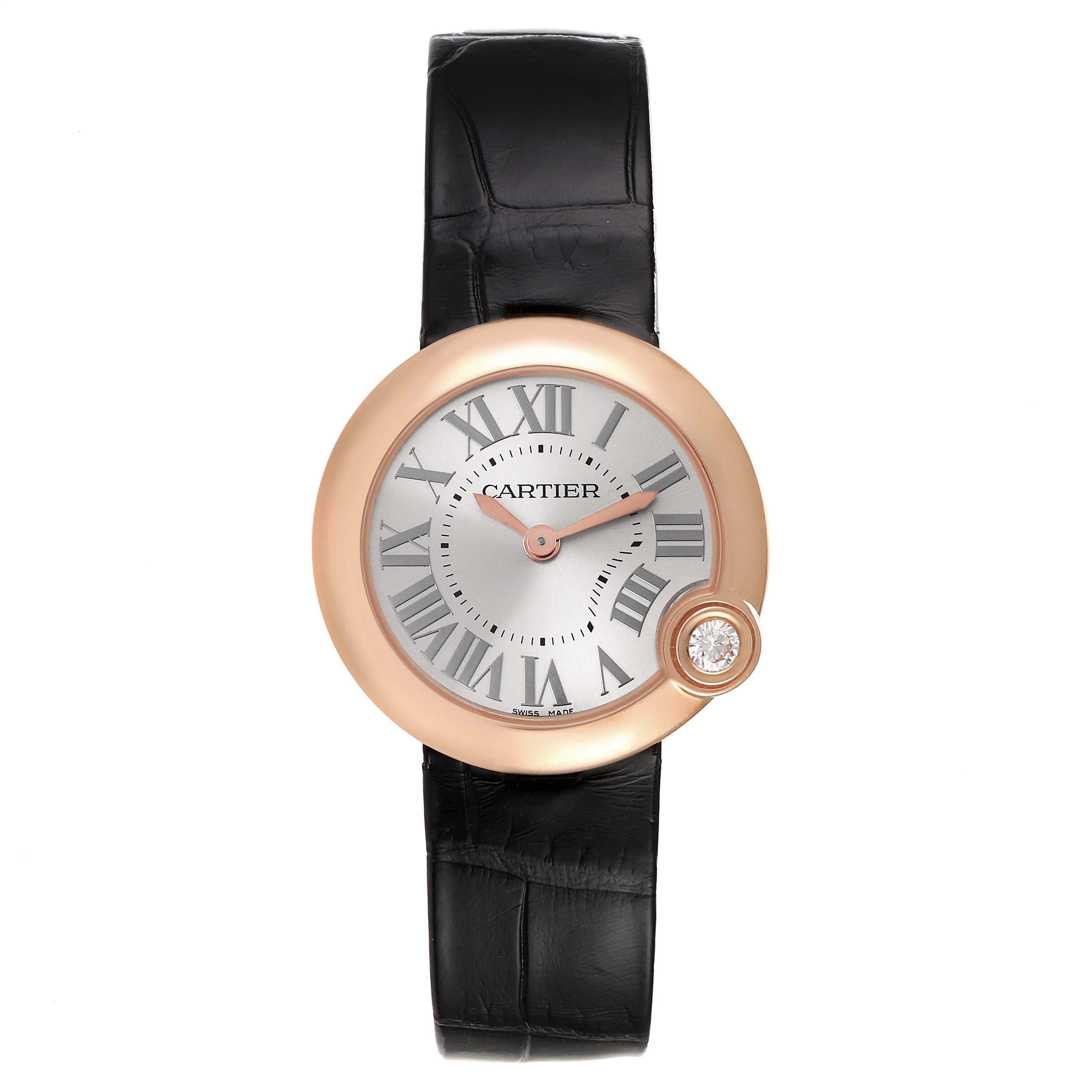 The image shows a frontal view of a Cartier Ballon Bleu watch, displaying its face, black strap, and rose gold casing.