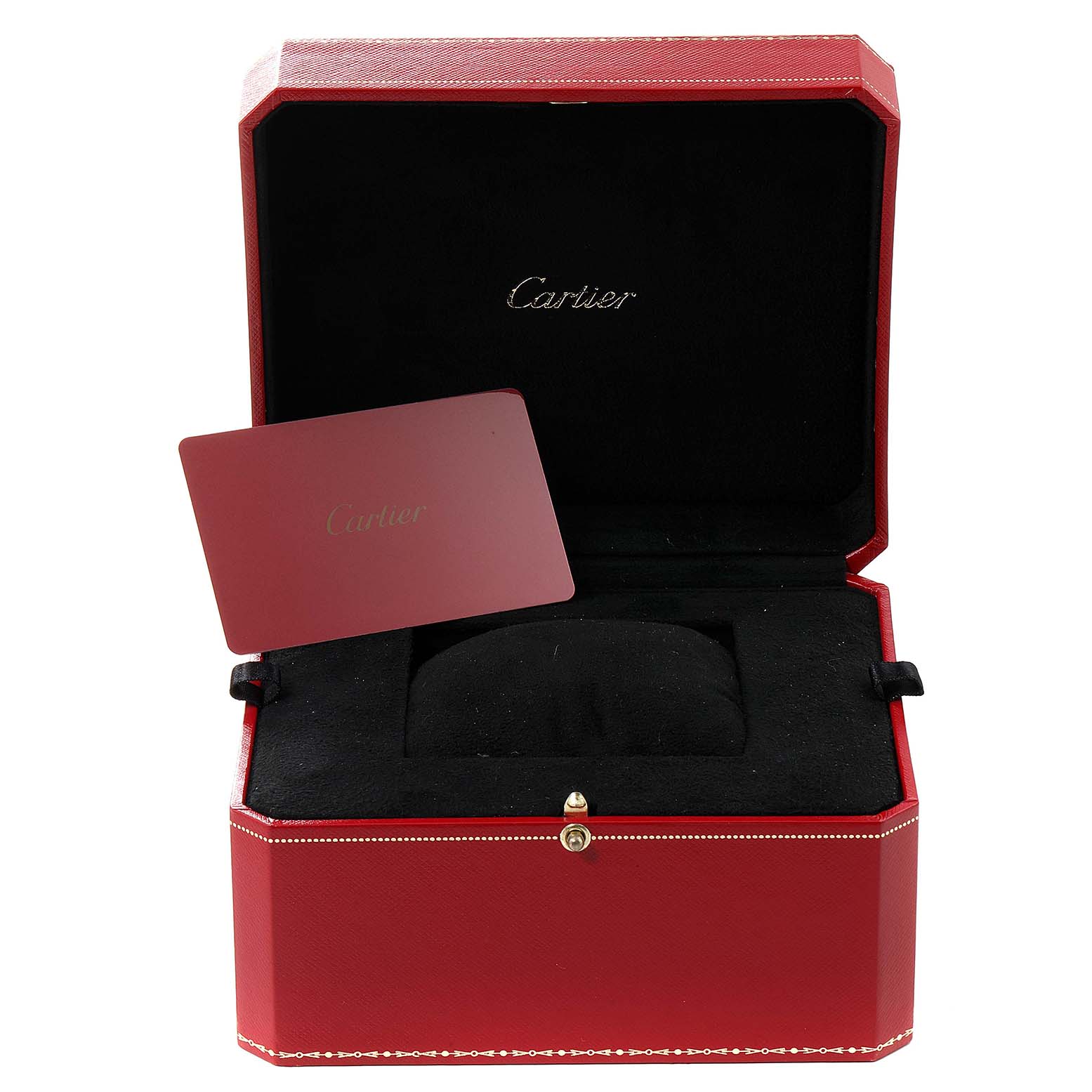This image shows the red presentation box and warranty card for the Cartier Ballon Bleu watch.