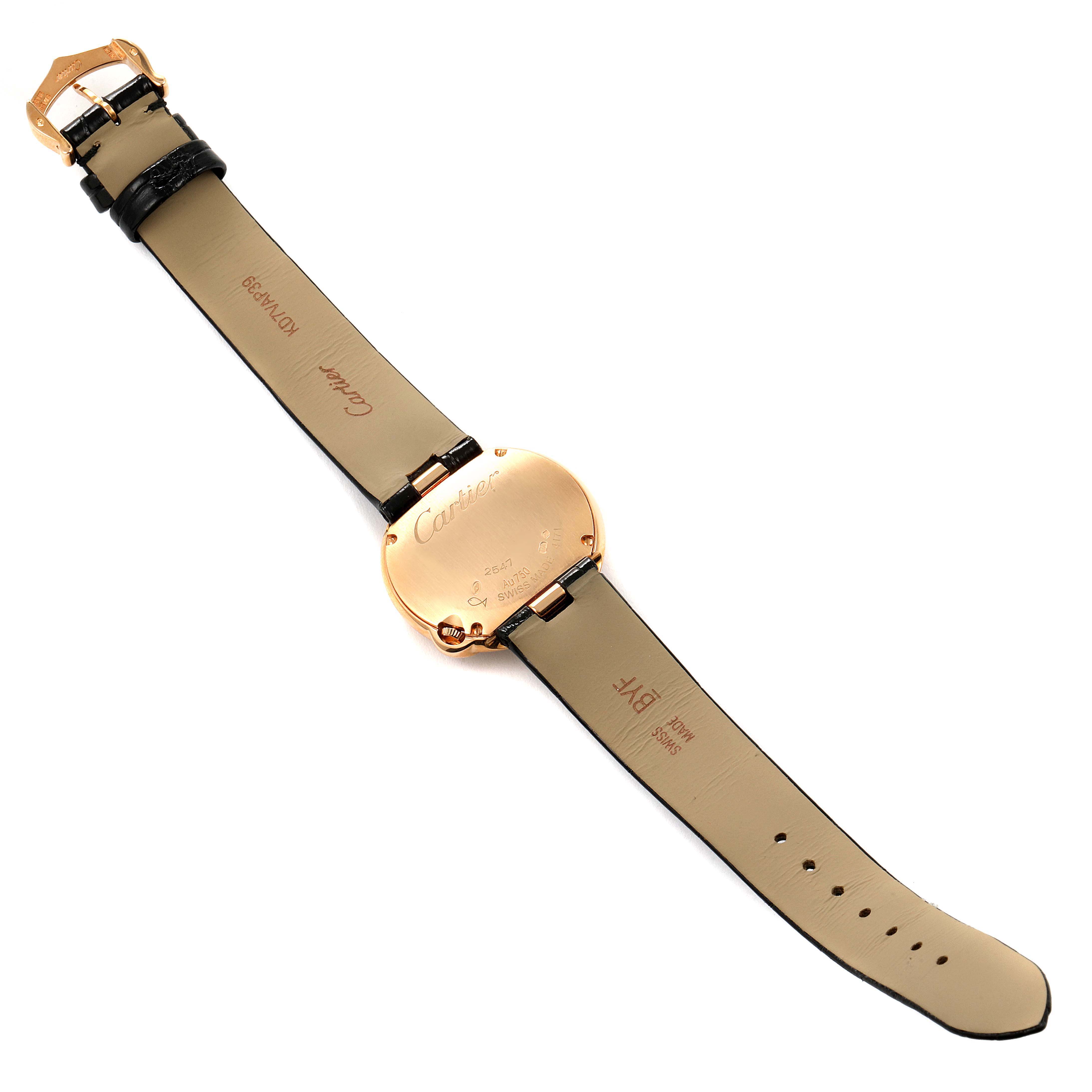 This is a rear view of the Cartier Ballon Bleu watch, showing the back case and leather strap.