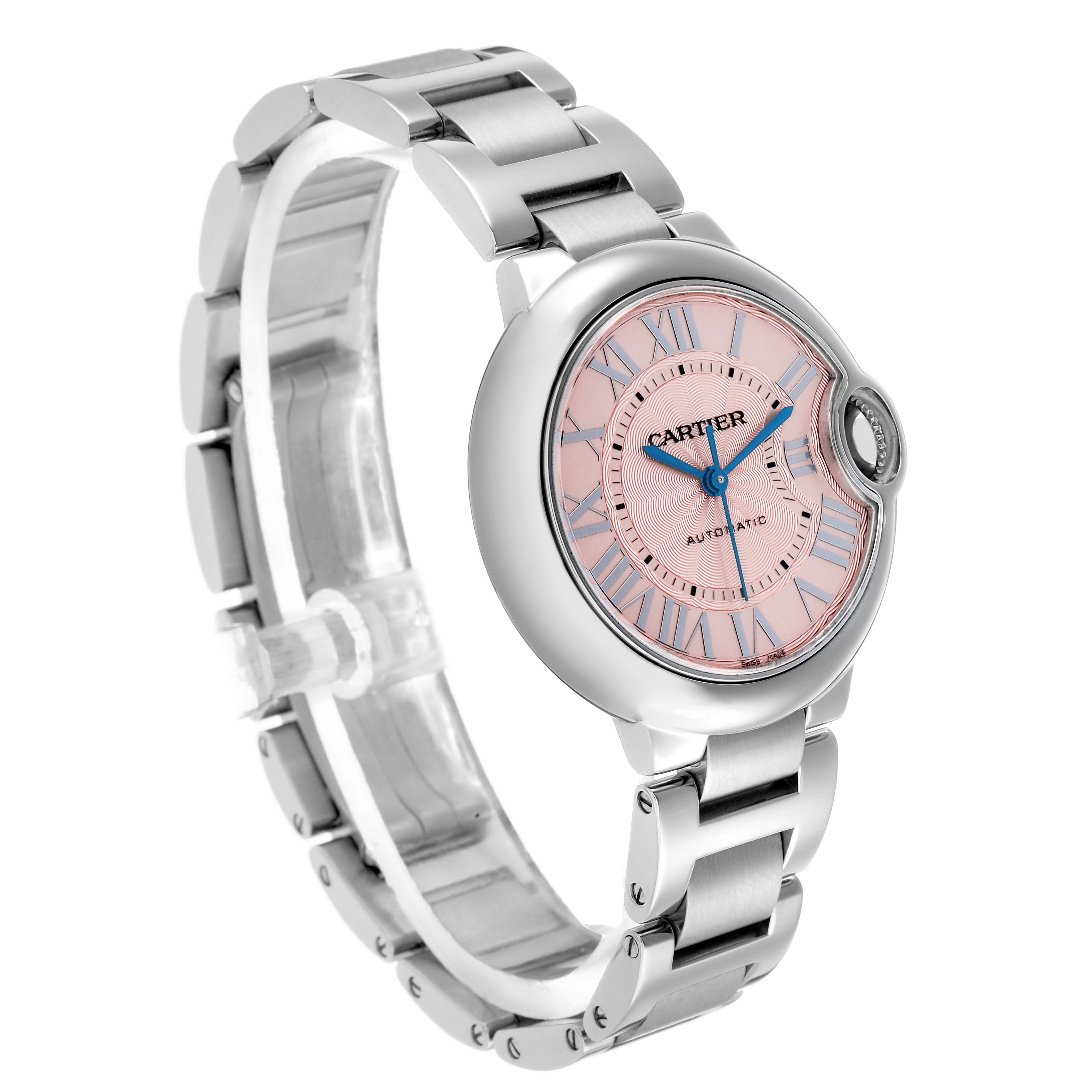 The Cartier Ballon Bleu WSBB0046 Men
s Stainless Steel Pink Dial watch is shown at a slight angle displaying the face, bracelet, and crown detail.