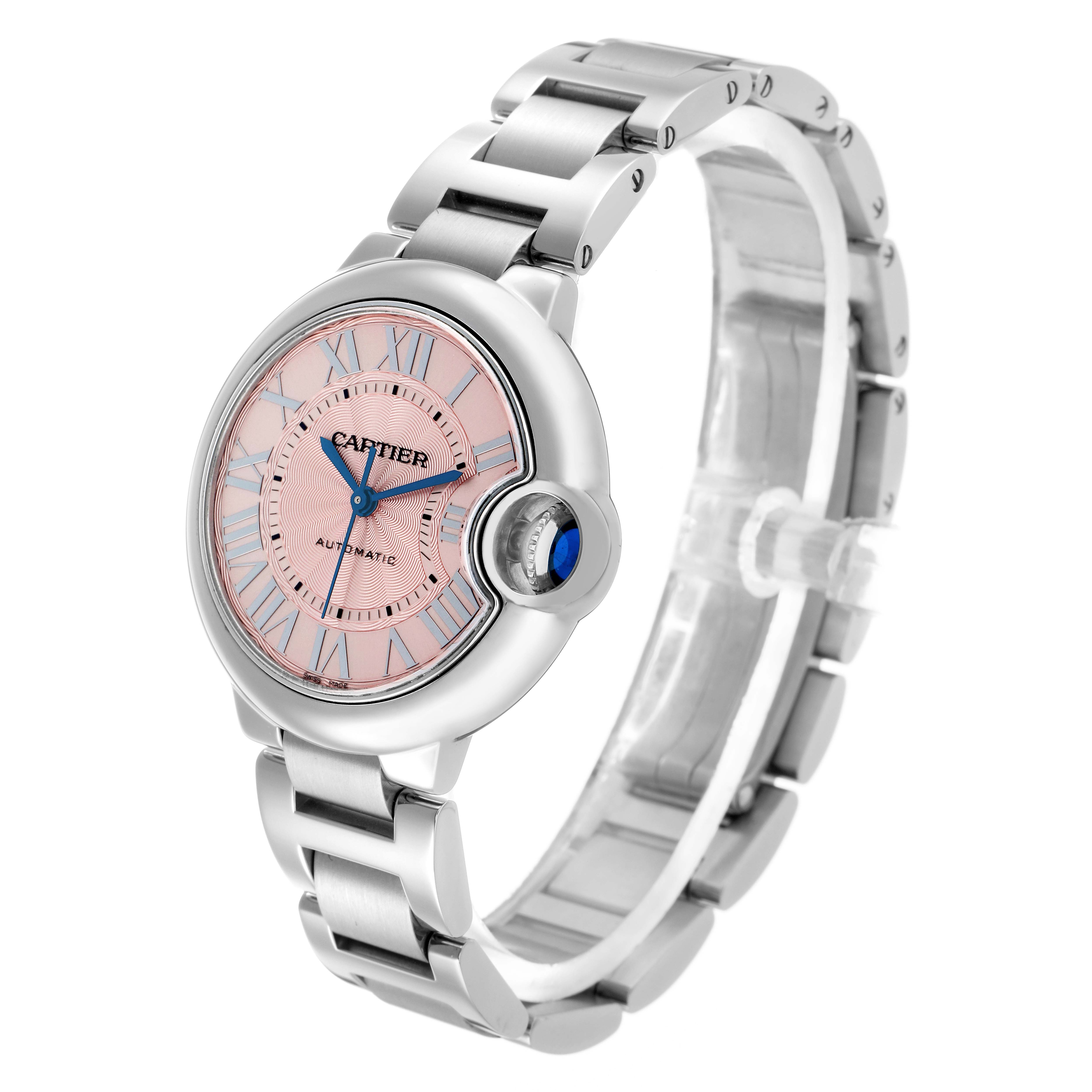 The Cartier Ballon Bleu WSBB0046 Men
s Stainless Steel Pink Dial watch is shown at a three-quarter angle, highlighting the face, crown, and bracelet.