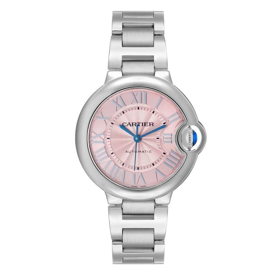 The Cartier Ballon Bleu WSBB0046 Men
s Stainless Steel Pink Dial watch is shown in a front view displaying the face, bracelet, and crown.