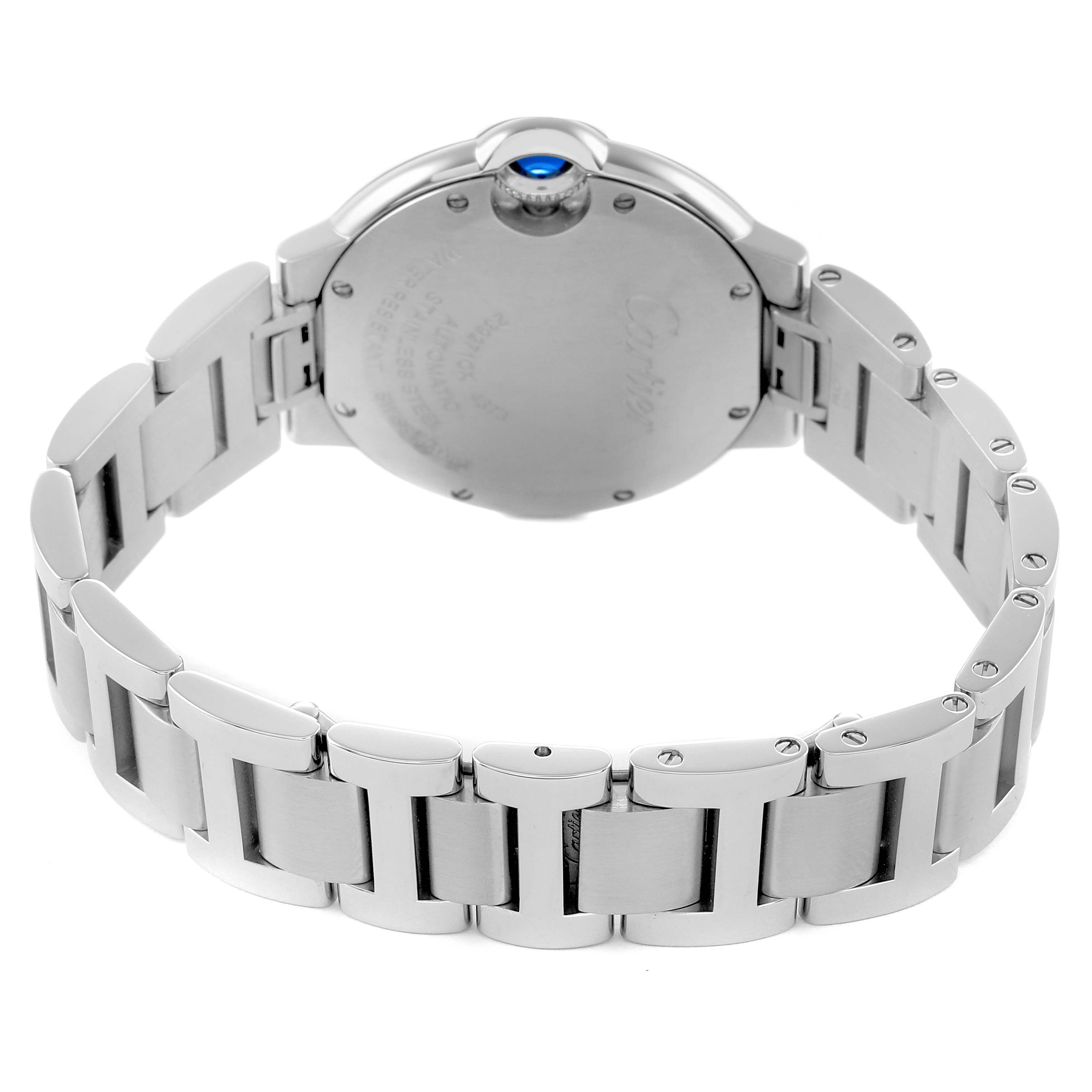 The image shows the back and bracelet of a Cartier Ballon Bleu WSBB0046 Men
s Stainless Steel Pink Dial watch at a slightly angled view.