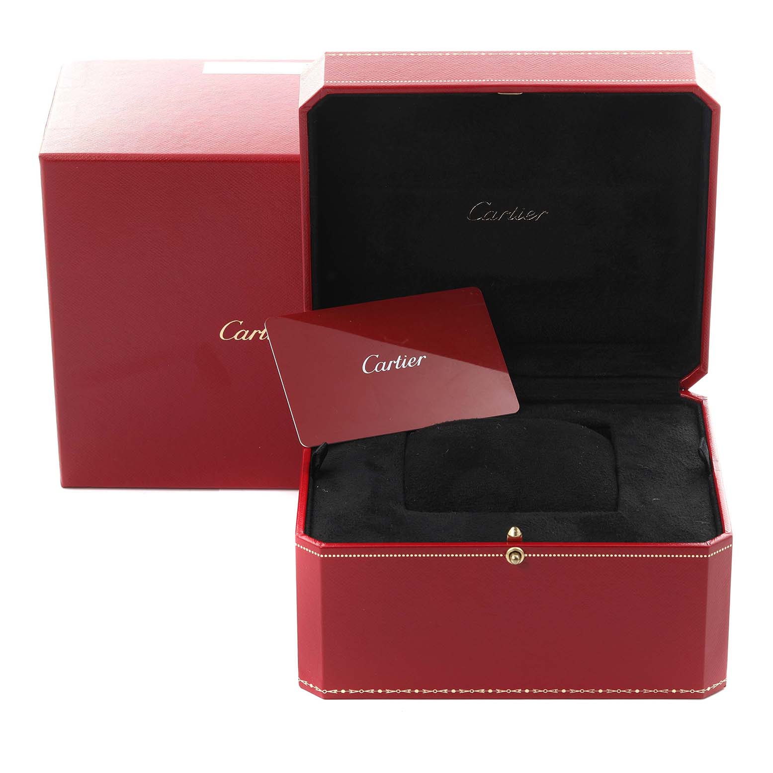 The image shows the red Cartier Ballon Bleu WE902047 Women's White Gold Silver Dial WE902047 Women's White Gold Silver Dial watch box open, with a matching card and pillow inside.