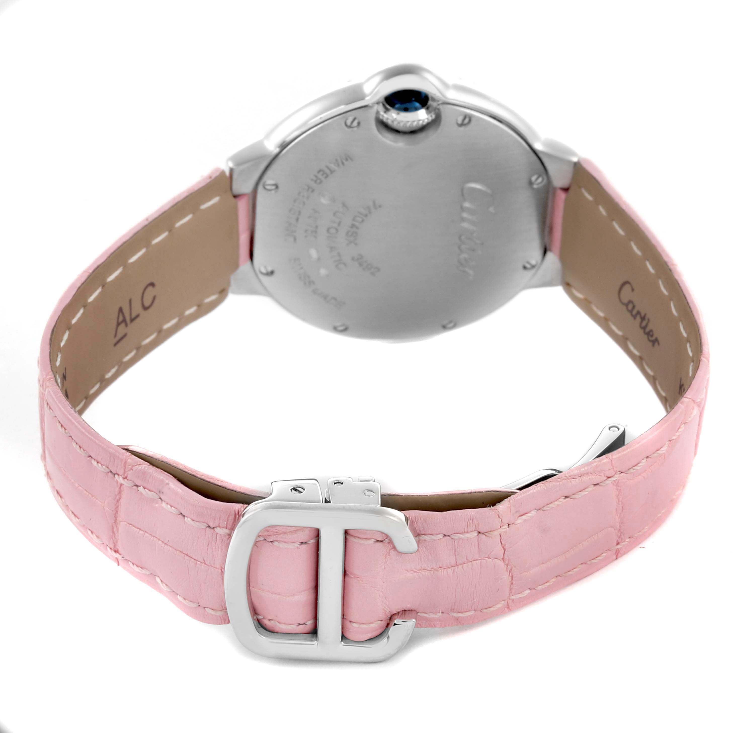 The image shows a rear view of the Cartier Ballon Bleu WE902047 Women's White Gold Silver Dial WE902047 Women's White Gold Silver Dial watch, highlighting the back case, pink strap, and clasp.