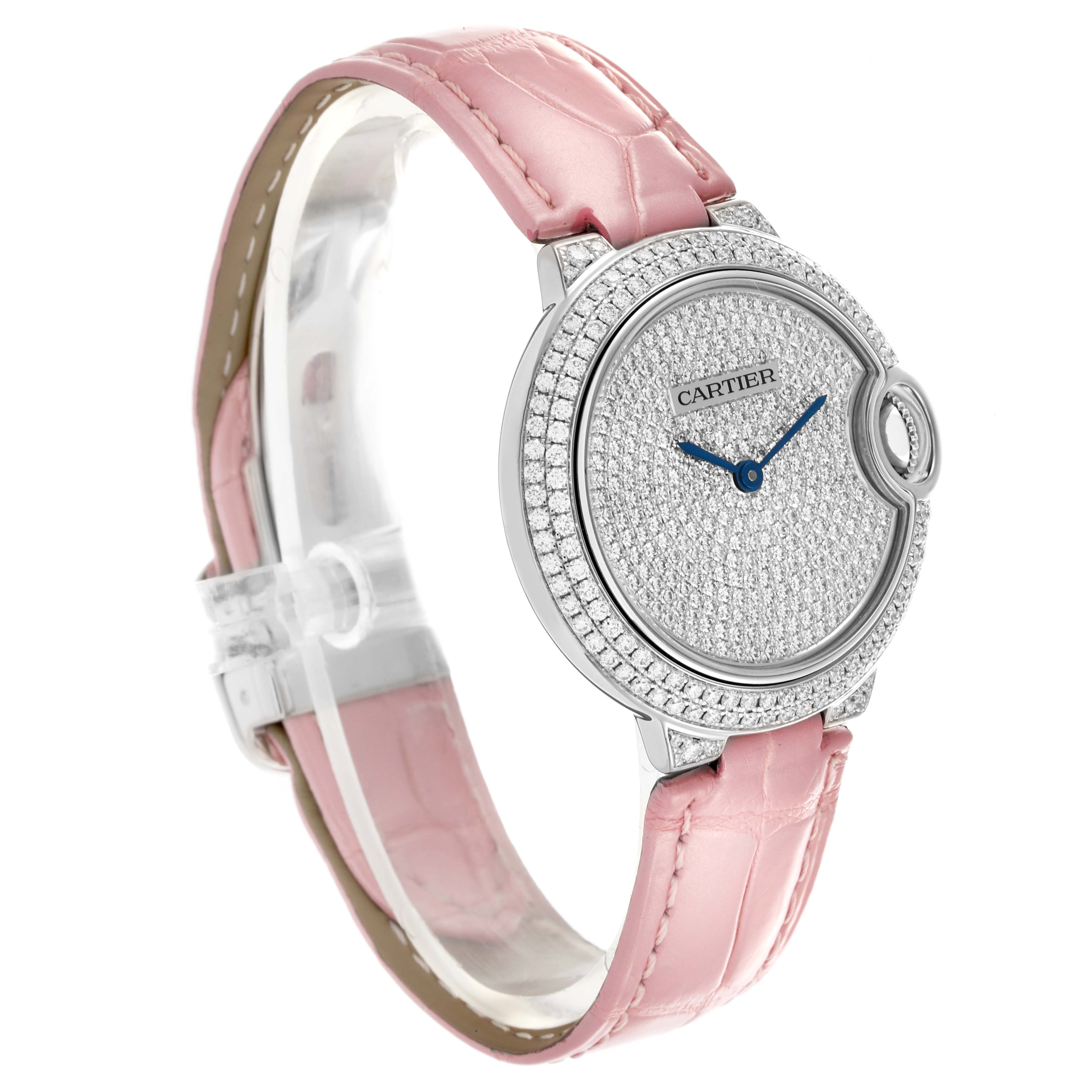 The Cartier Ballon Bleu WE902047 Women's White Gold Silver Dial WE902047 Women's White Gold Silver Dial watch is shown at a side angle, highlighting its diamond-studded face and pink leather strap.
