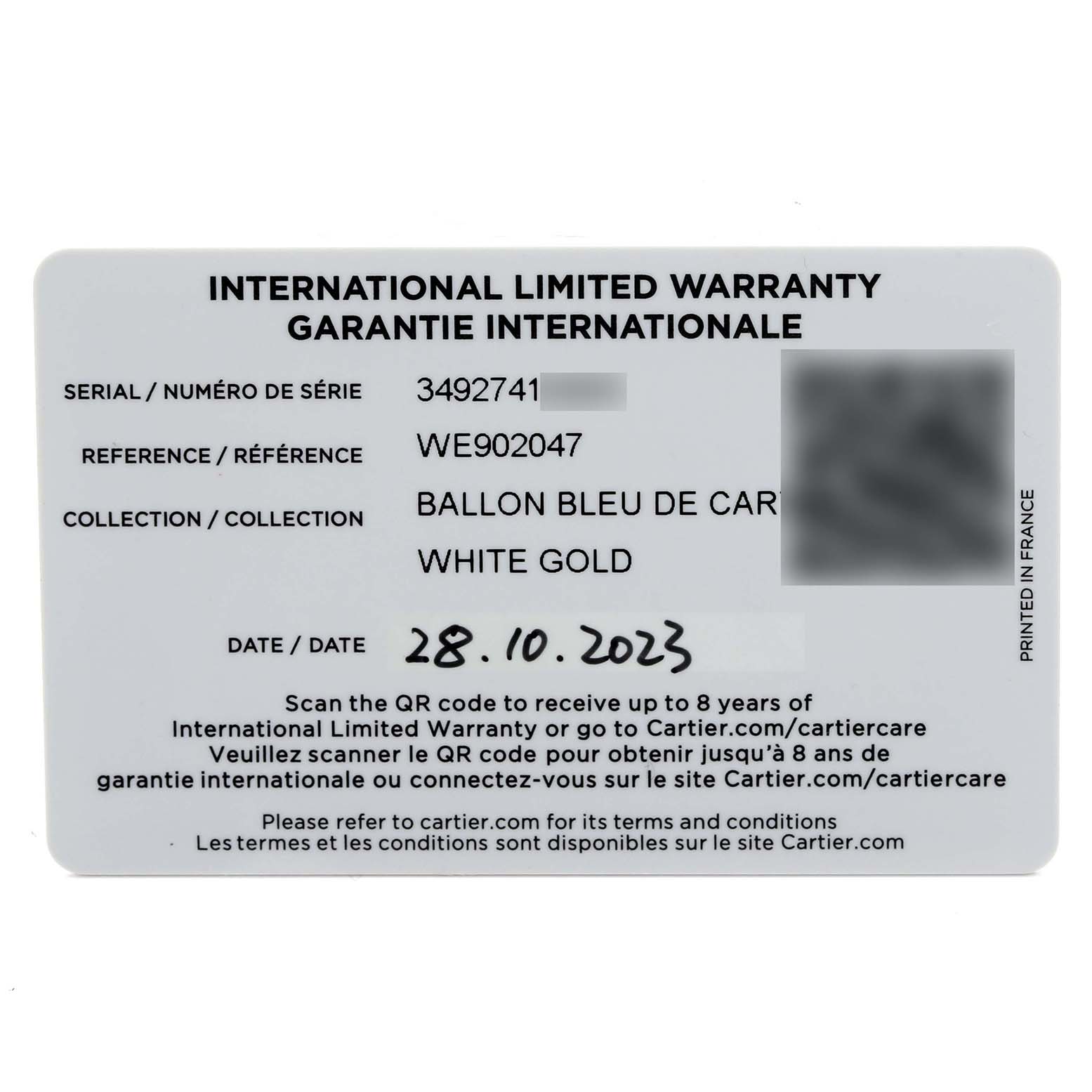 The image shows a warranty card for the Ballon Bleu de Cartier watch, detailing serial, reference, collection, and date.